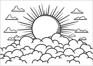 Printable Coloring Page for Kids : Giant sun behind a cloud cluster
