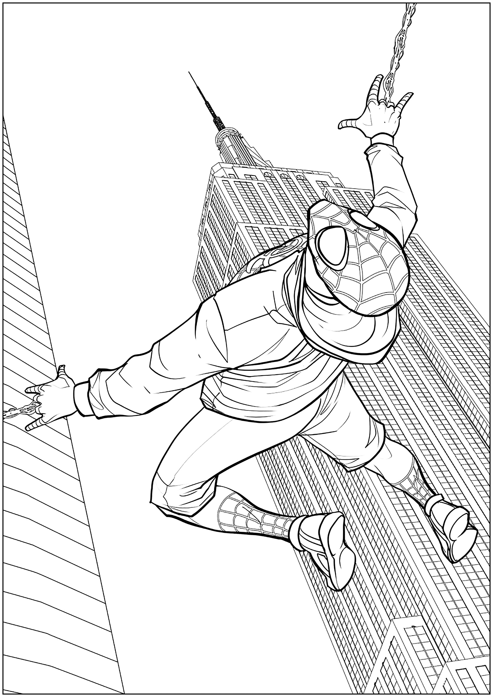 Spider-Man : Into the Spider-Verse Coloring Page : Miles Morales / Empire State Building Printable Spider-Man : Into the Spider-Verse Coloring Page for Kids : Miles Morales / Empire State Building