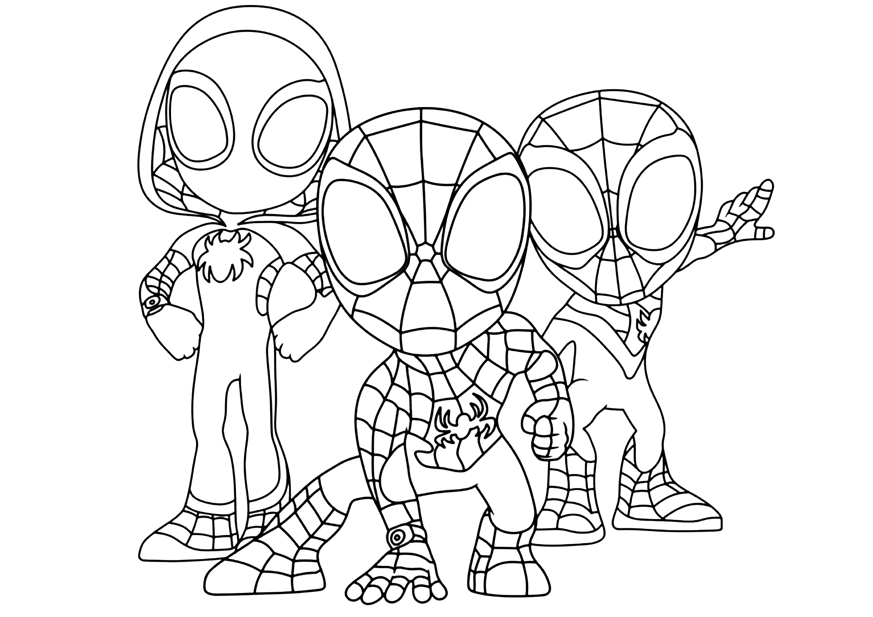 Spider-Man Into the Spider Verse characters in Kawaii mode. Spider-Gwen and the two versions of Spider-Man (Mike Morales and Peter Parker)