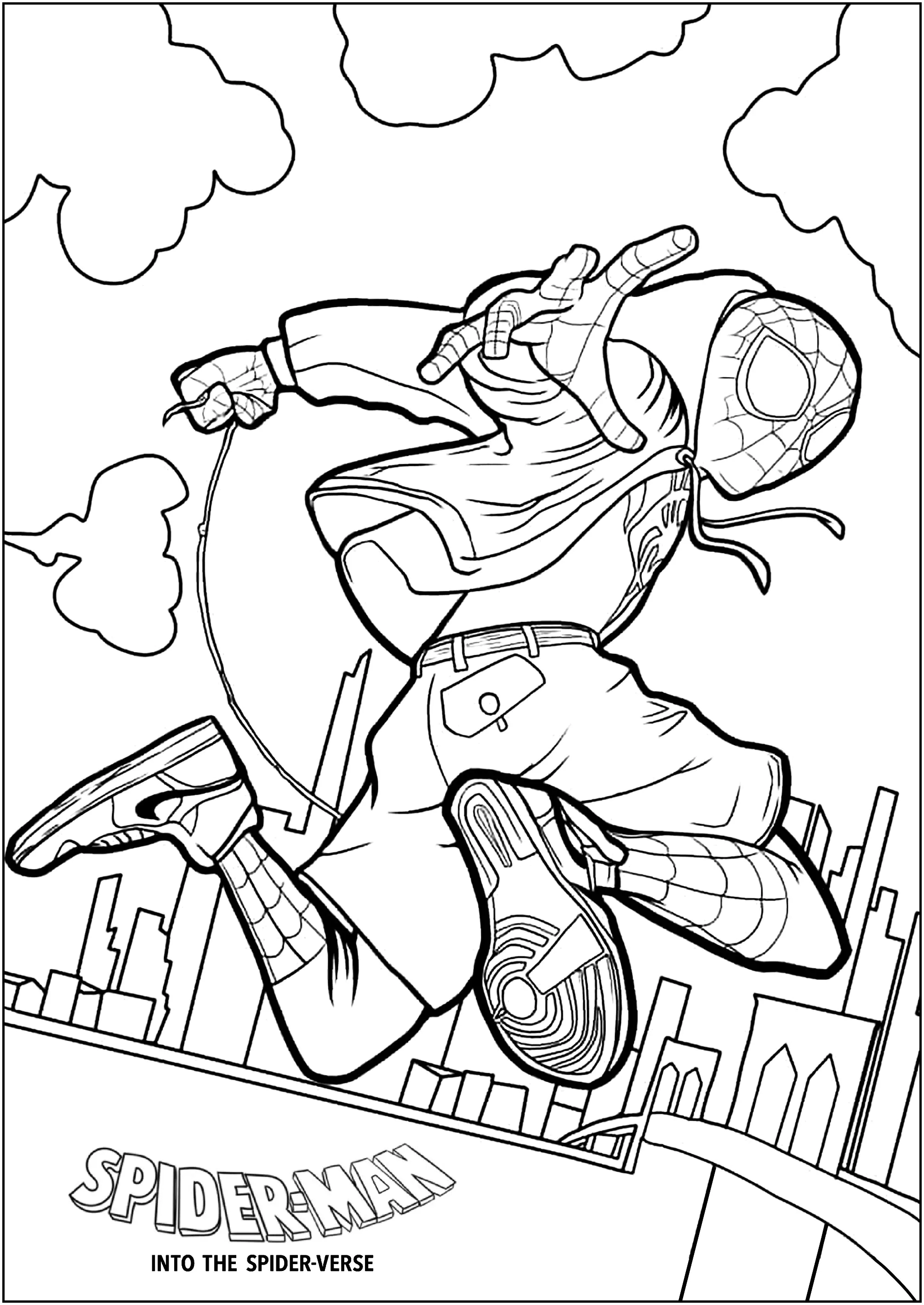 Spider-Man (Miles Morales) in Brooklyn (Printable Spider-Man : Into the Spider-Verse Coloring Page for Kids)