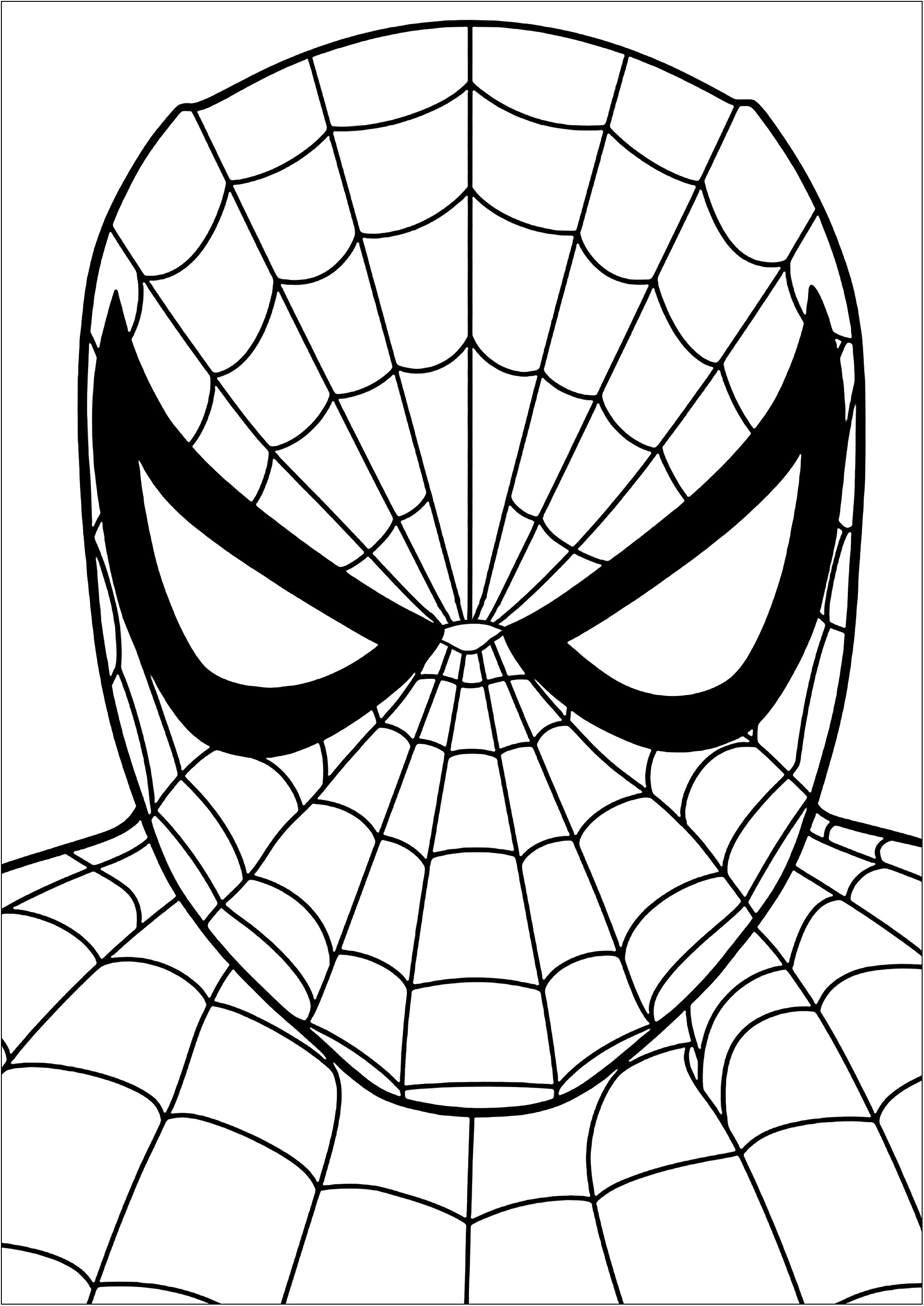 Coloring of the head of Spiderman (aka Peter Parker). Color each part of these spider webs making up this Spiderman costume