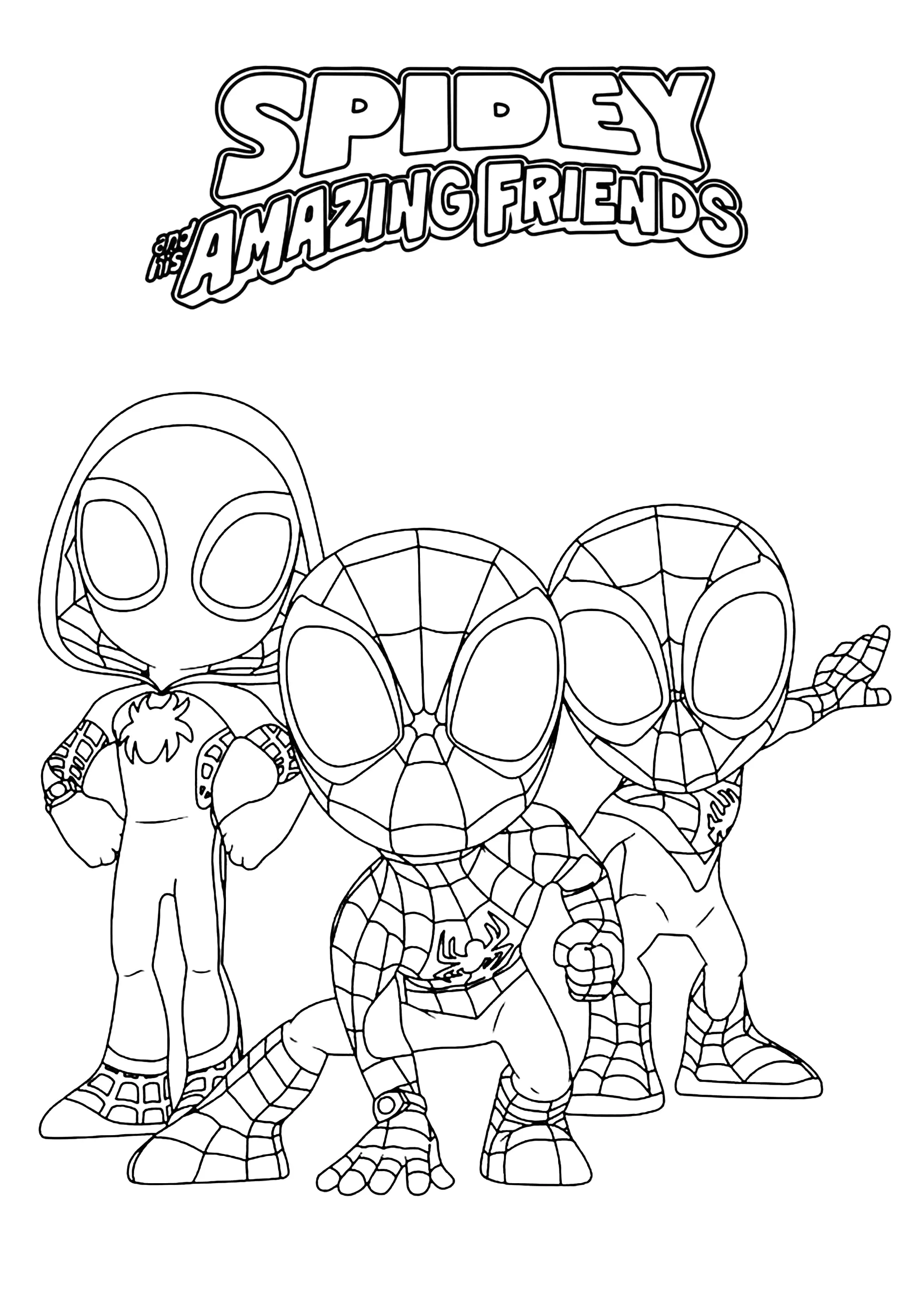 Spidey (Peter and Miles Morales) with Gwen (Printable Spidey and His Amazing Friends Coloring Page for Kids)