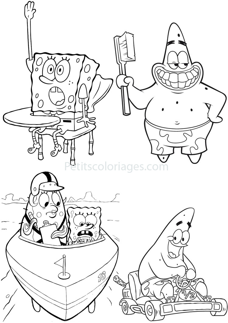 4 coloring pages of Bob and Patrick in one image