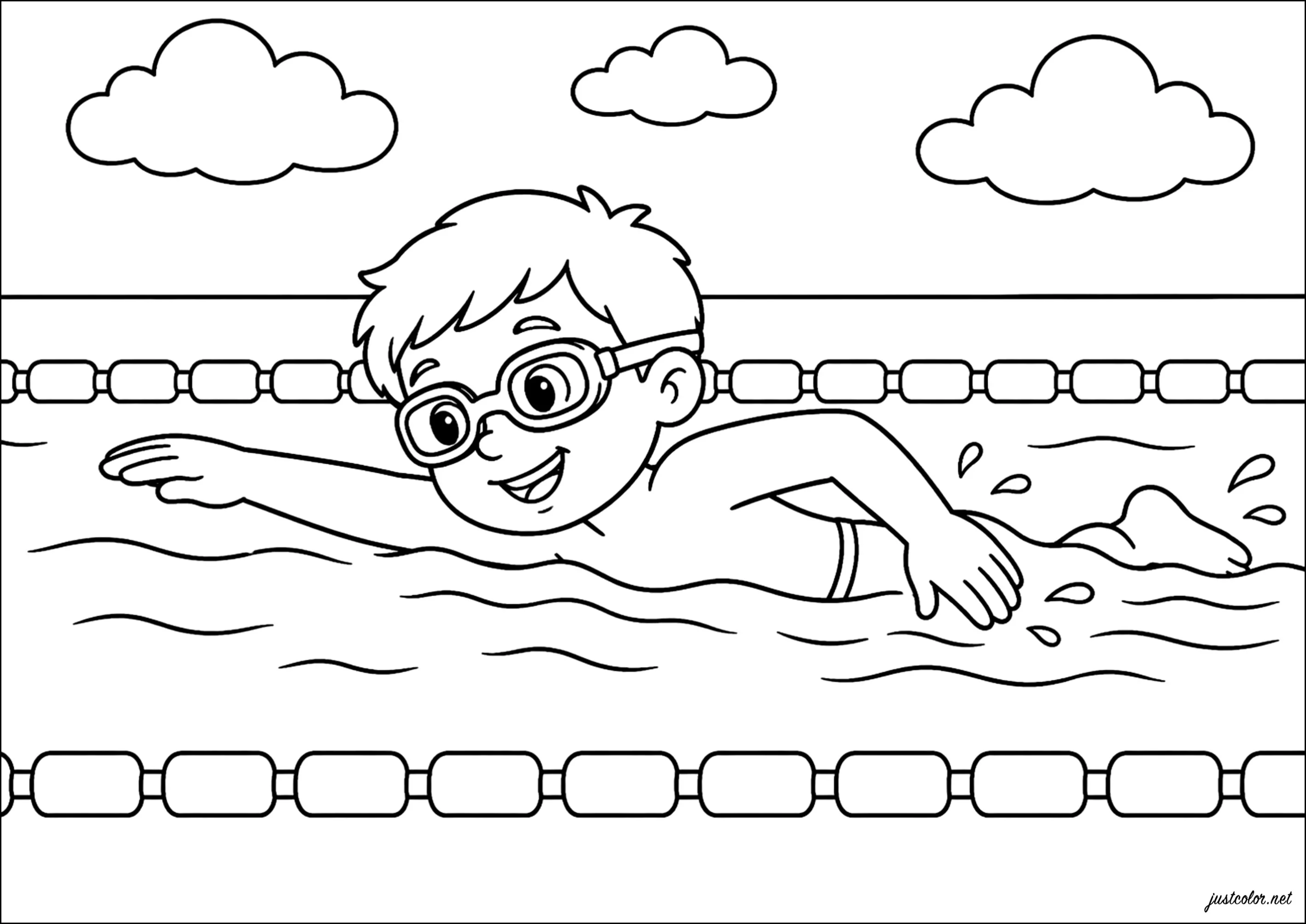 A child swimming with goggles (Printable Sports Coloring Page for Kids)
