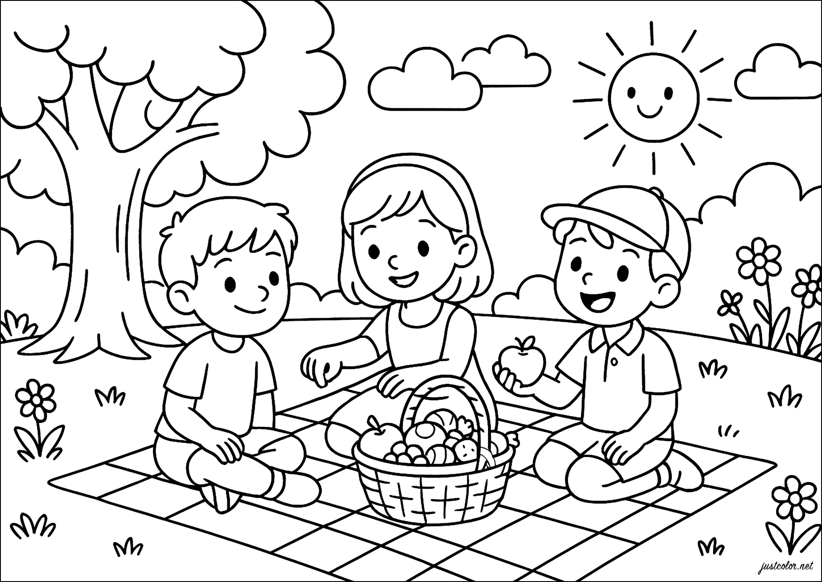Happy picnics in the sunshine (Printable Spring Coloring Page for Kids)