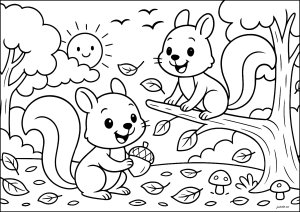 A happy day with two squirrels (Coloring Page)