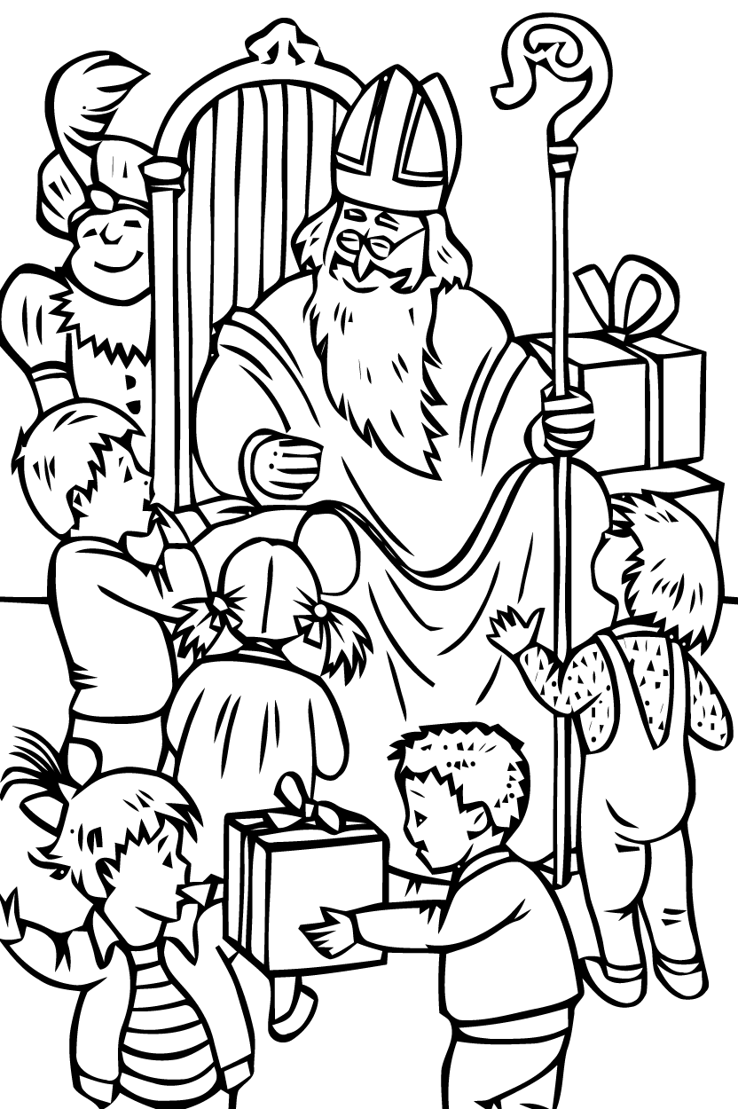 Children coloring around Saint Nicholas