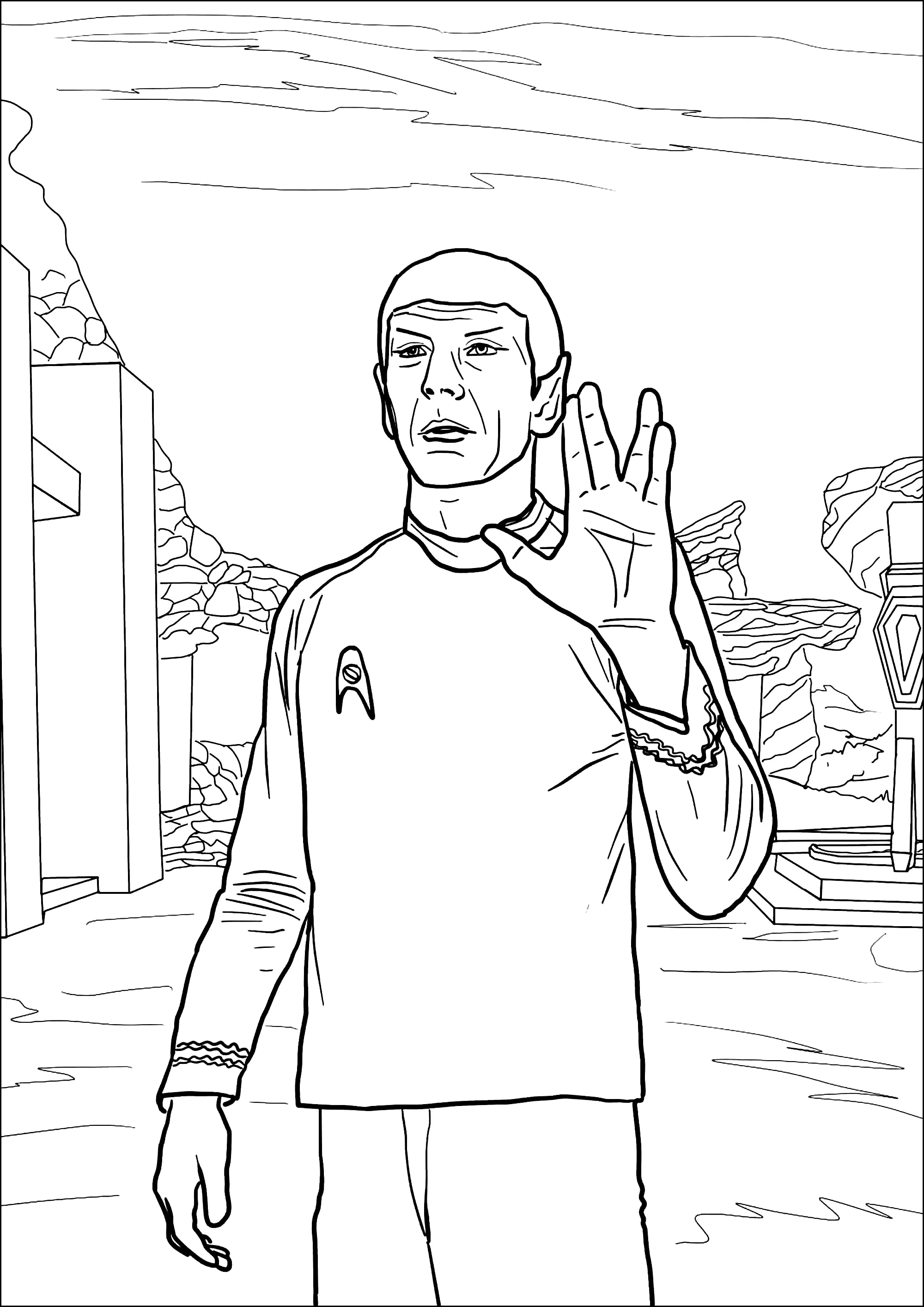 Spock and his mythical hand sign (Printable Star Trek Coloring Page for Kids)