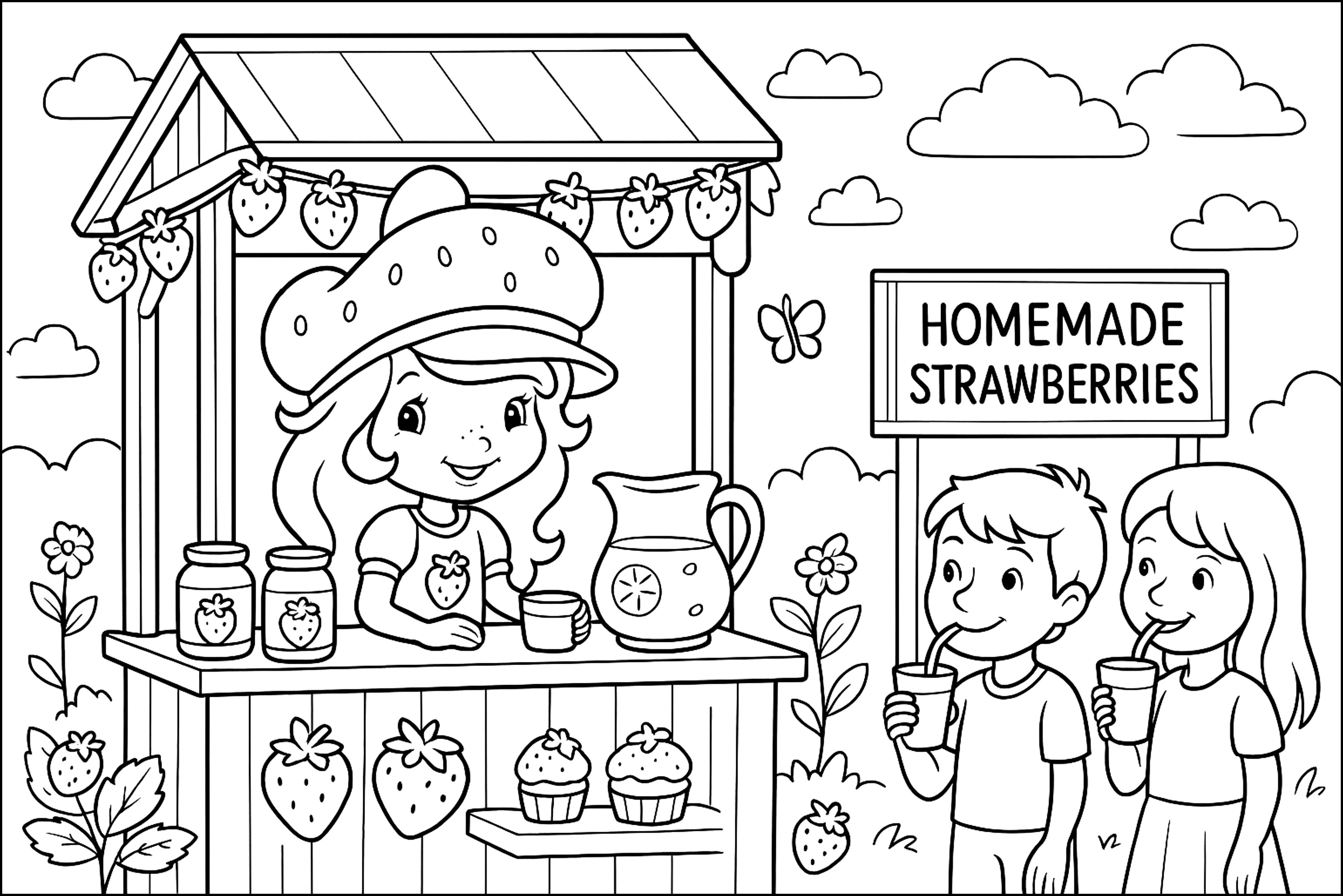 Summer sweets at the strawberry stand (Printable Strawberry Shortcake Coloring Page for Kids)