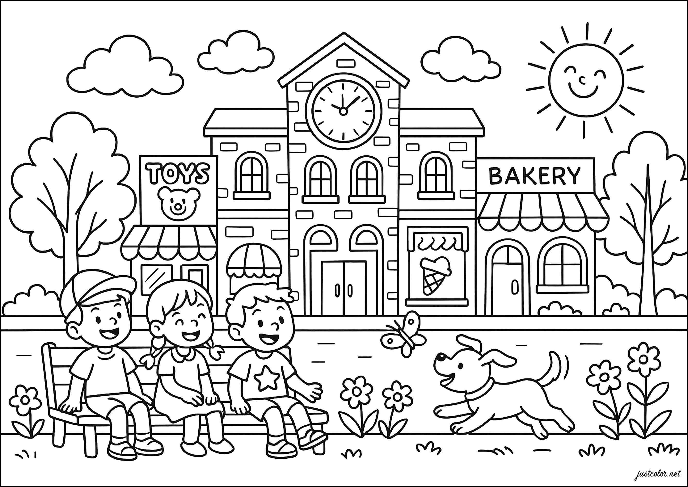 A sunny day in a city park (Printable Summer Coloring Page for Kids)