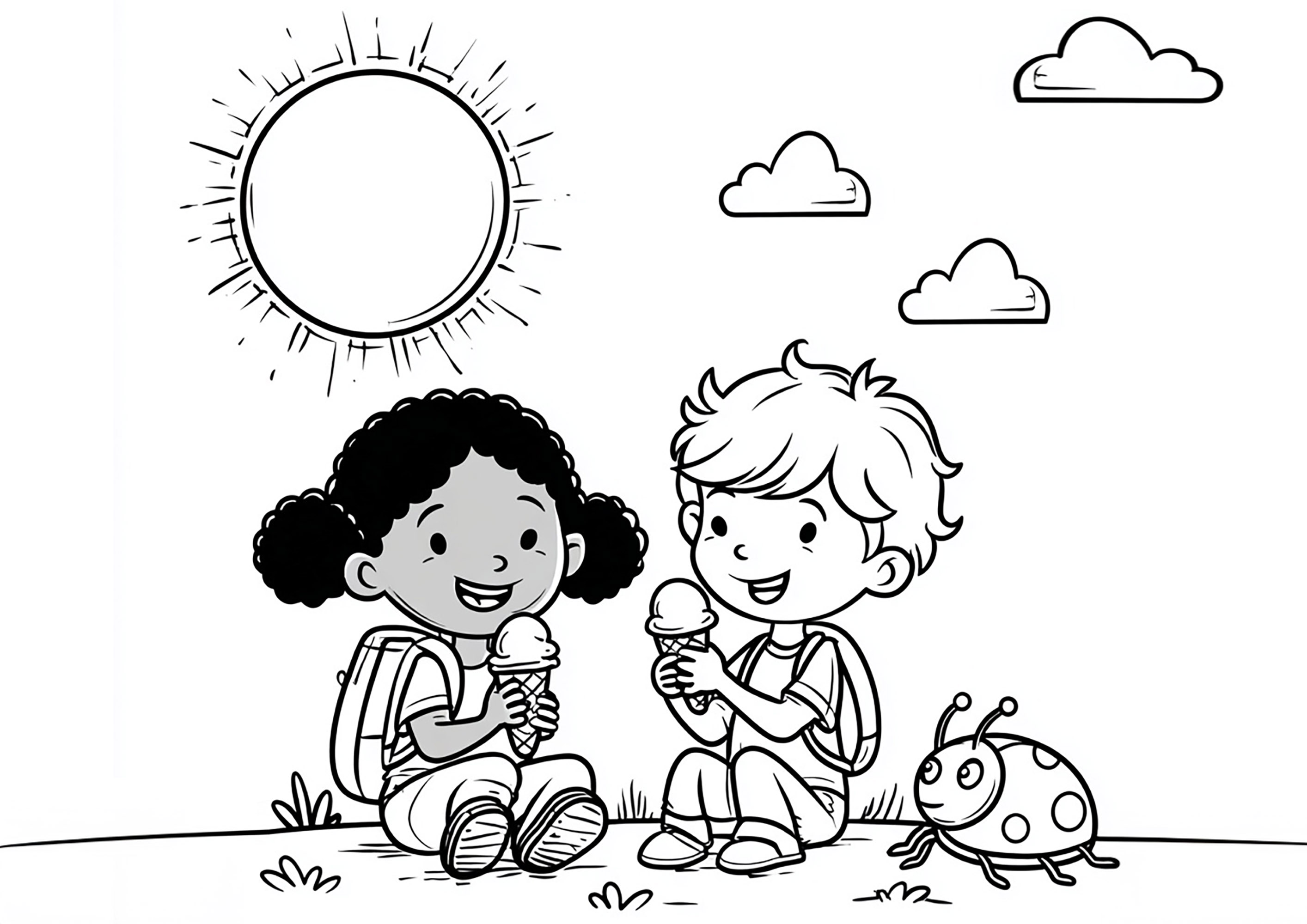Two children enjoying ice cream (Printable Summer Coloring Page for Kids)