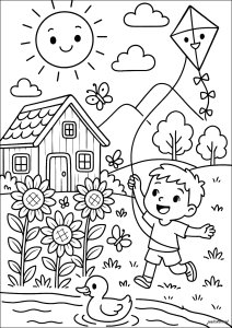 Enchanted Village at the Water's Edge (Summer Coloring Page)