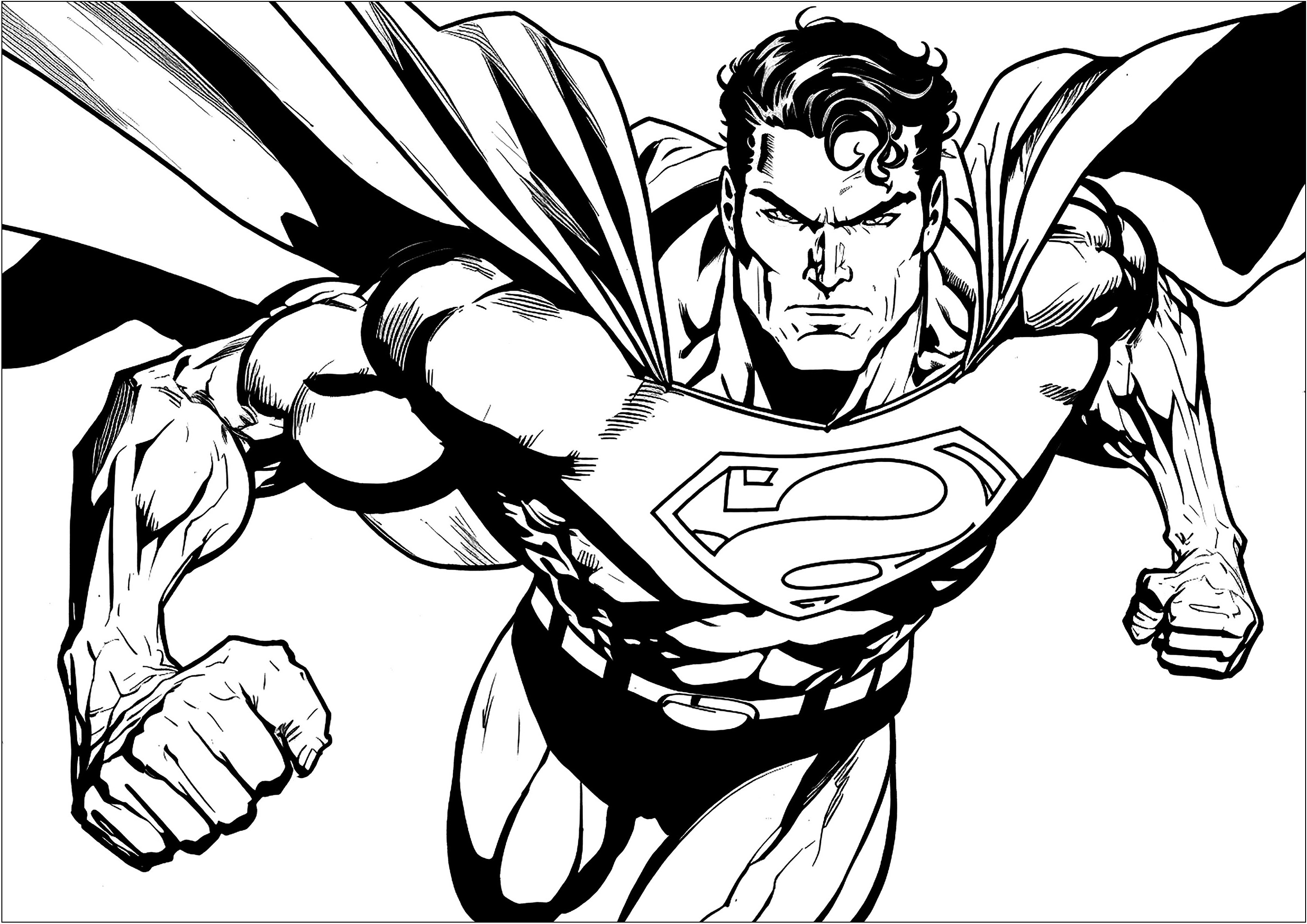 Superman flying in the sky, with his cape floating behind him. Kids will love coloring this superhero and their crayons and markers will help them bring this drawing to life.