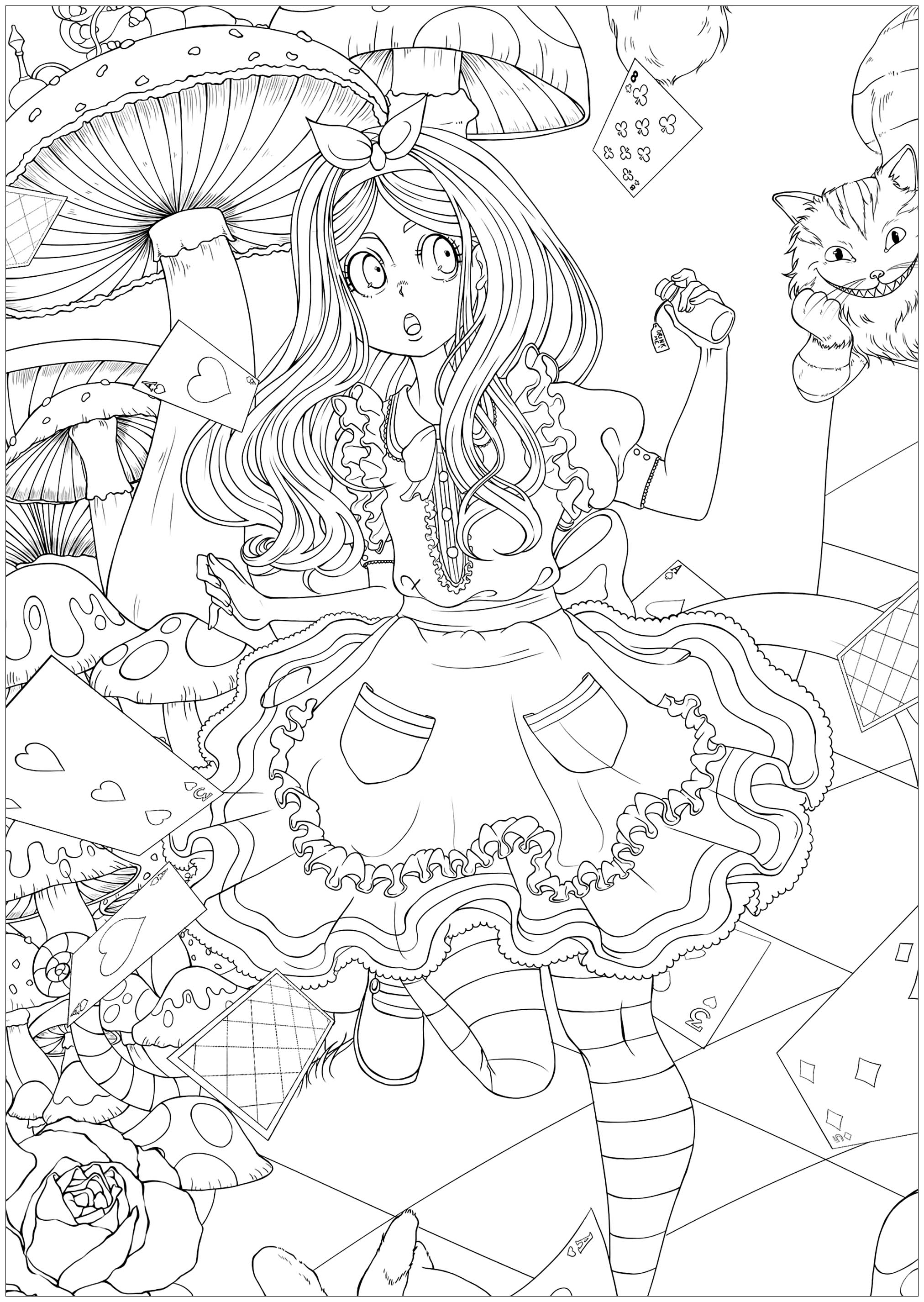 The young Alice, the white rabbit and the Cheshire Cat to color!