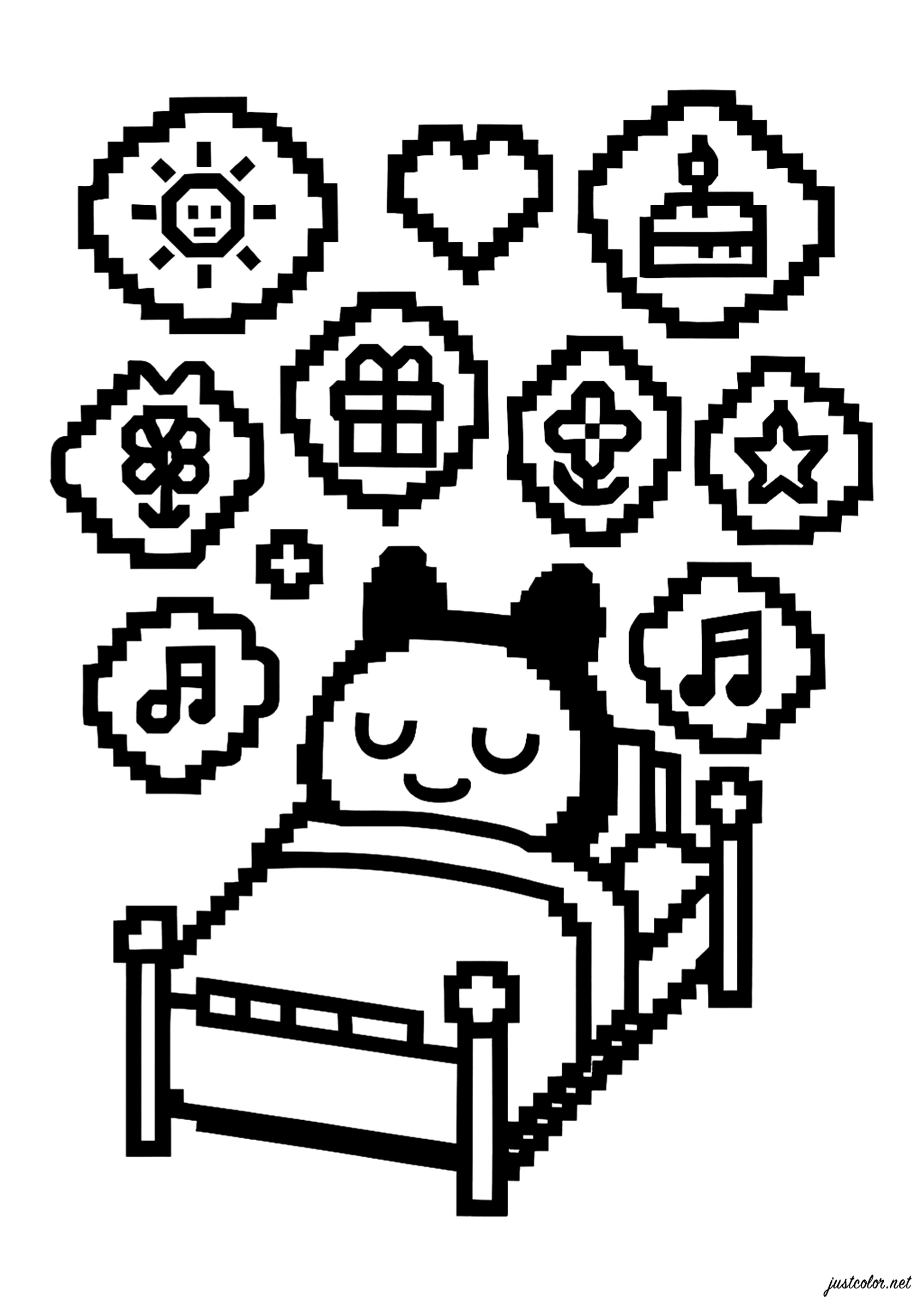 Sweet dreams in a pixelated bed (Printable Tamagotchi Coloring Page for Kids)