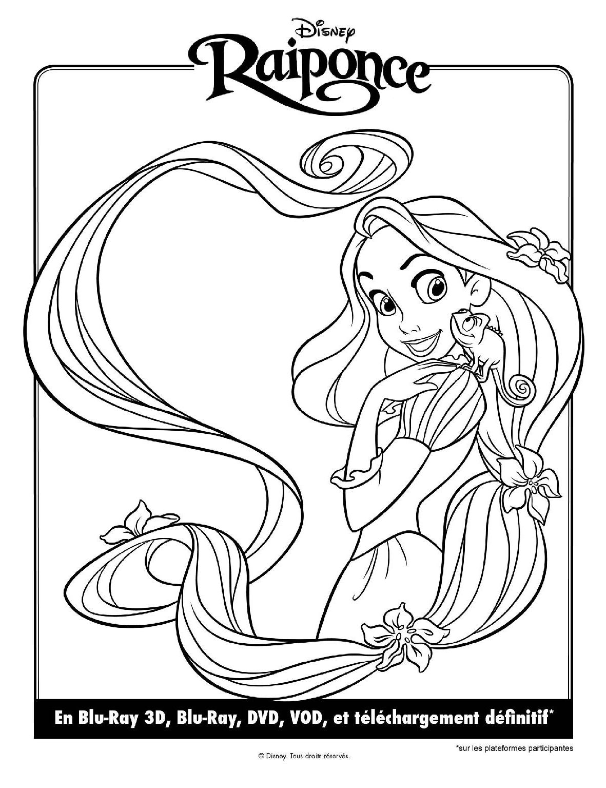 Free Tangled coloring page to print and color, for kids : Rapunzel and her long hair