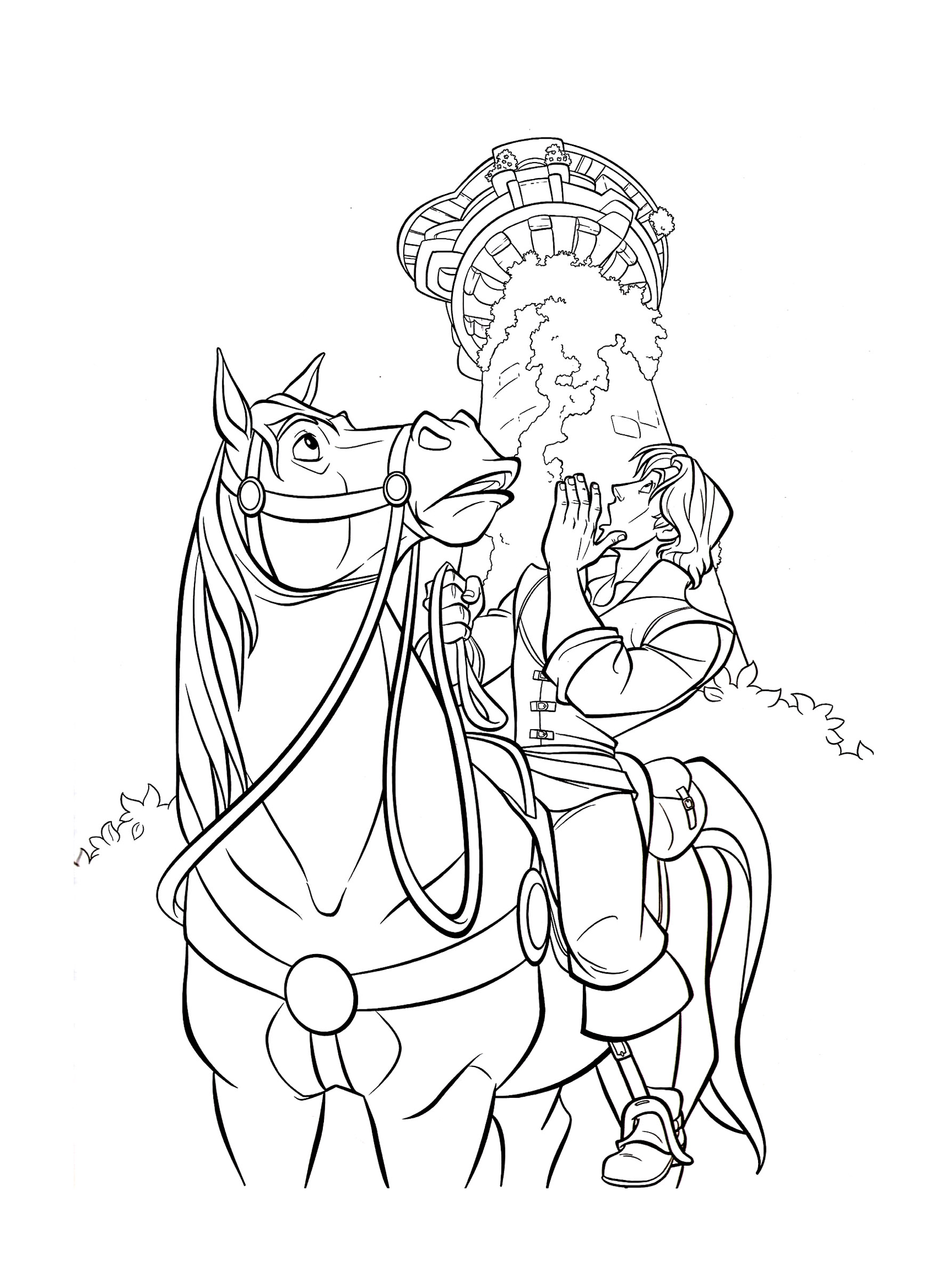 Free Tangled coloring page to print and color : Horse and Flynn Rider