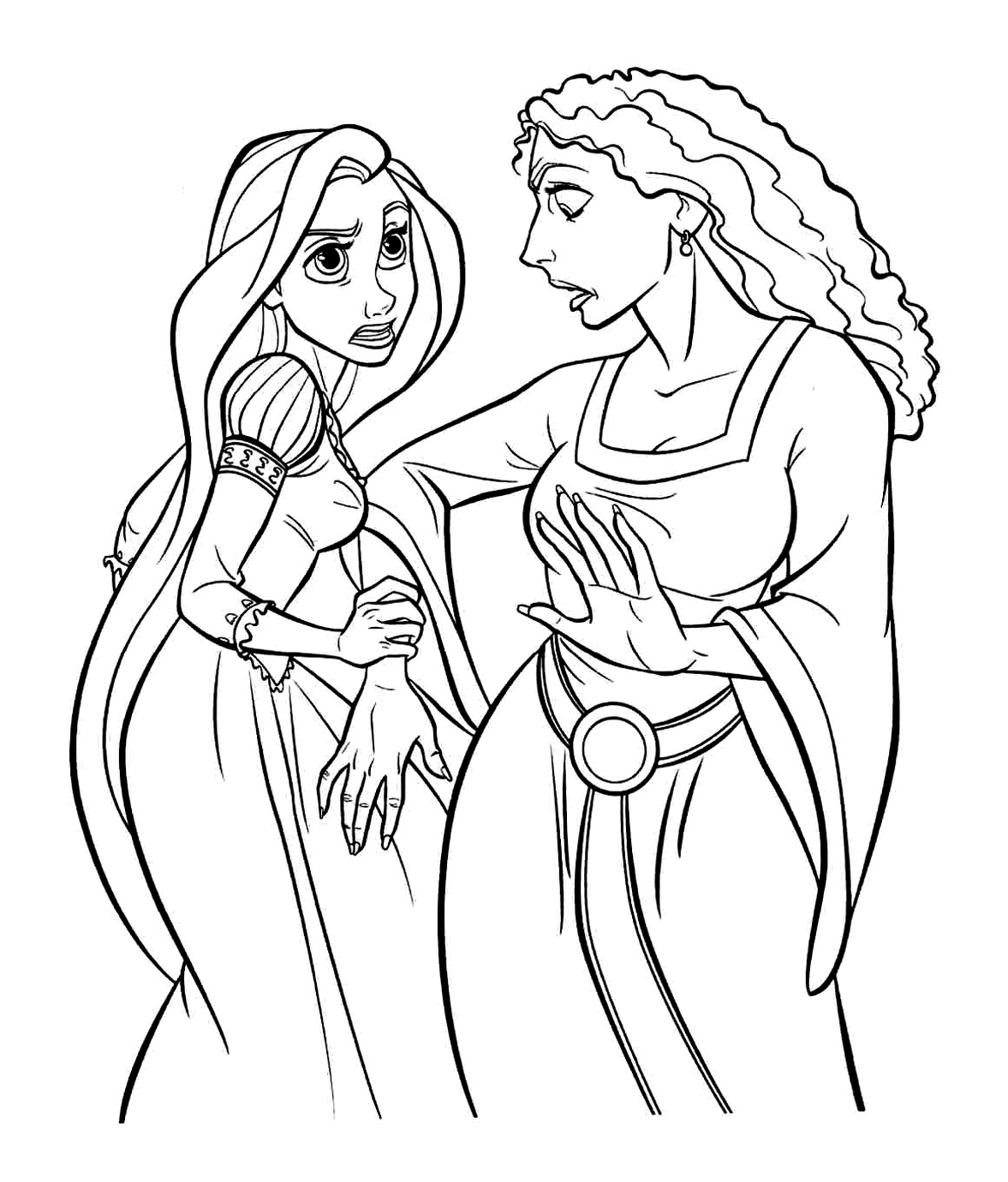 Simple Tangled coloring page for children : Mother Gothel with Rapunzel