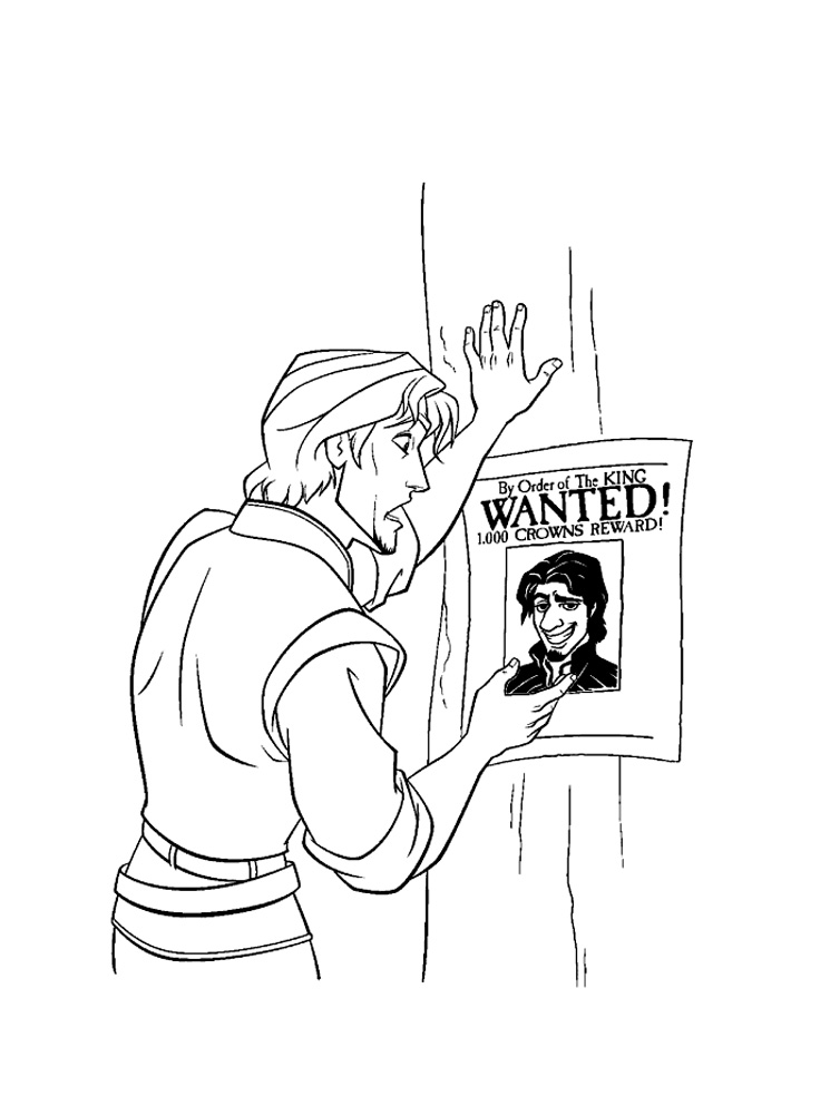 Tangled coloring page with few details for kids : Flynn Rider is wanted !