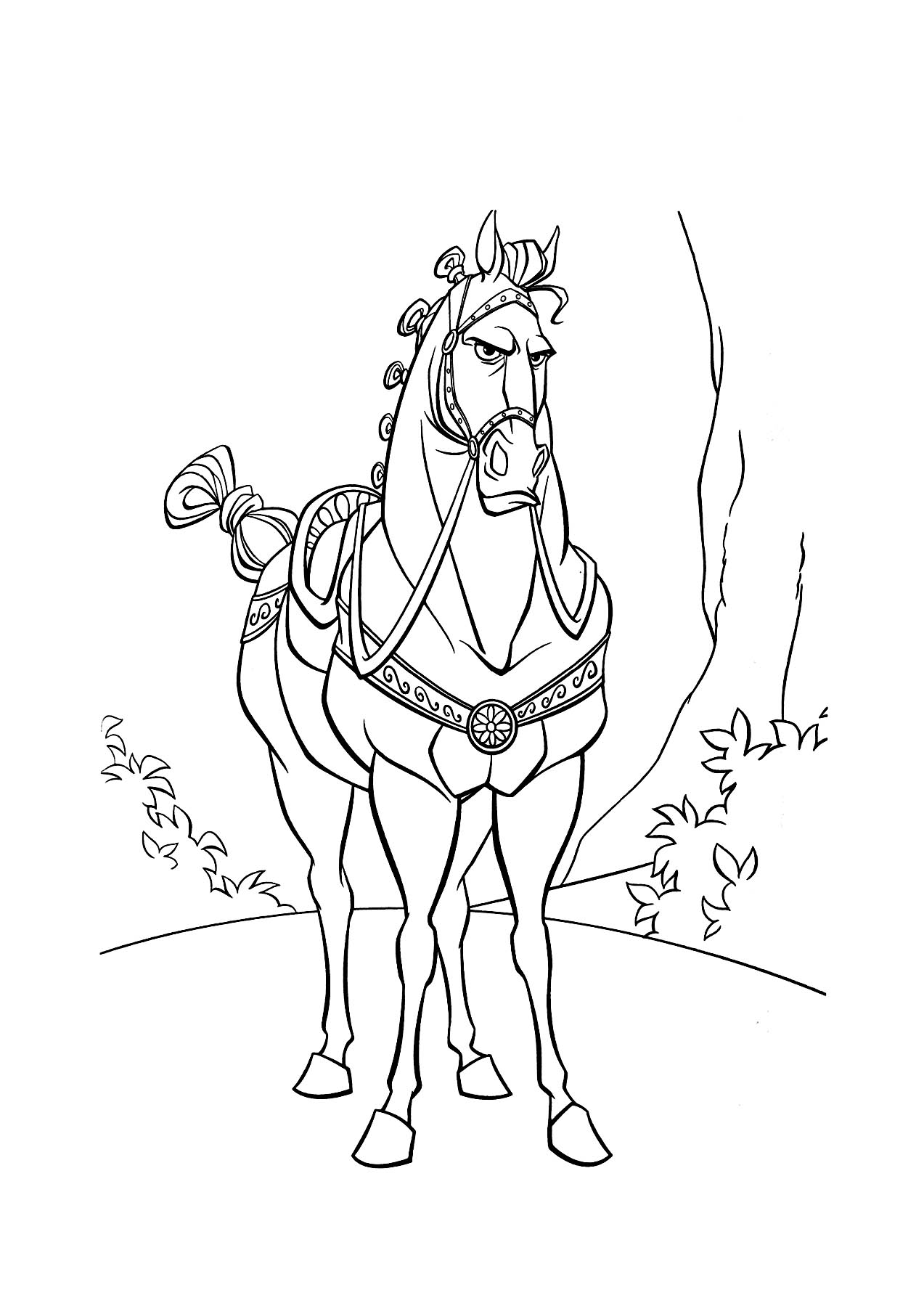 Simple Tangled coloring page for children with a horse