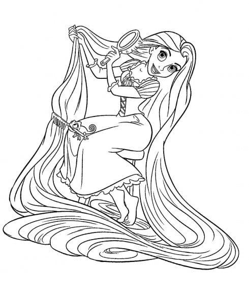 Tangled coloring page to download : Rapunzel is combing his hair