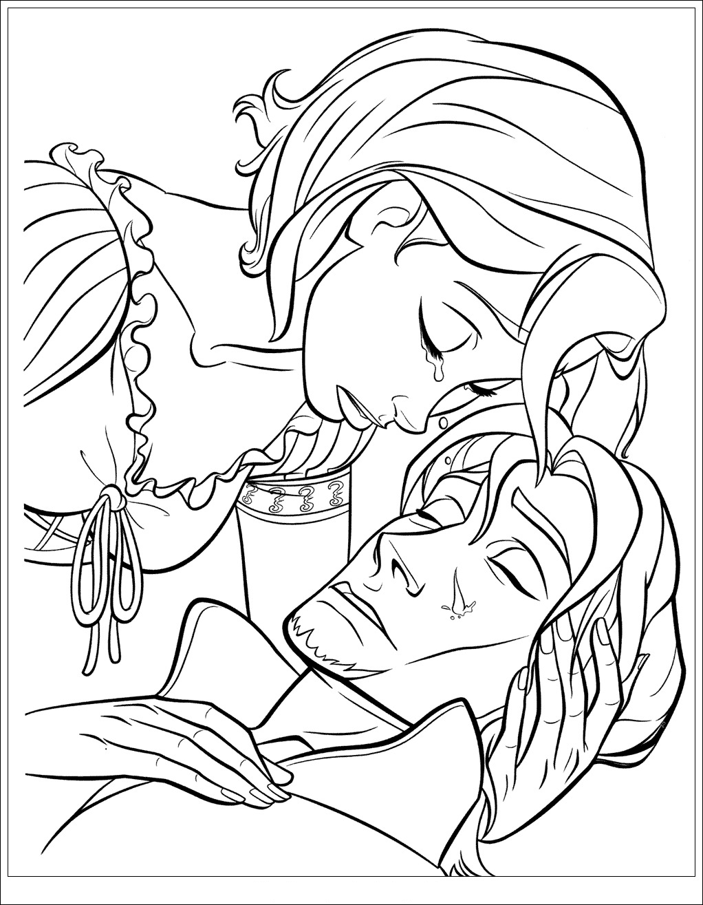 Free Tangled coloring page to print and color : Rapunzel crying, thinking Flynn Rider is dead