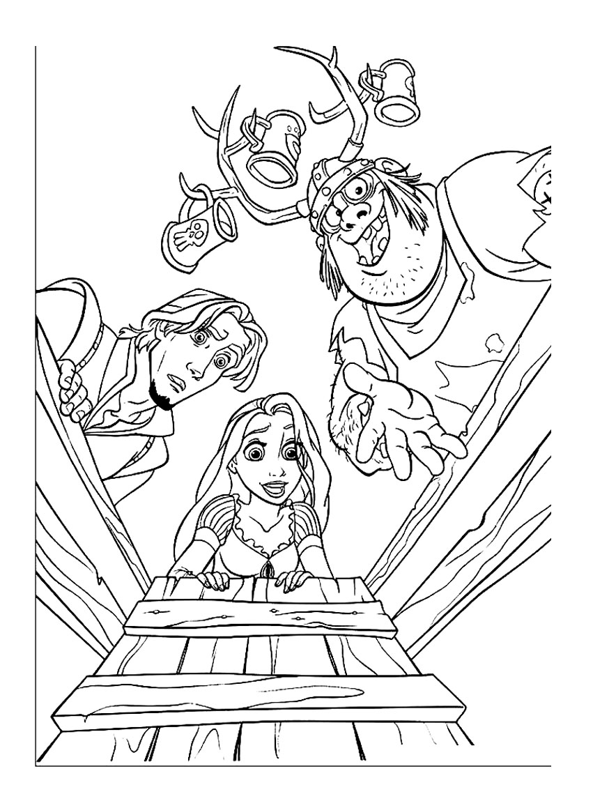 Printable Tangled coloring page to print and color inspired by a scene of the 2010 movie movie