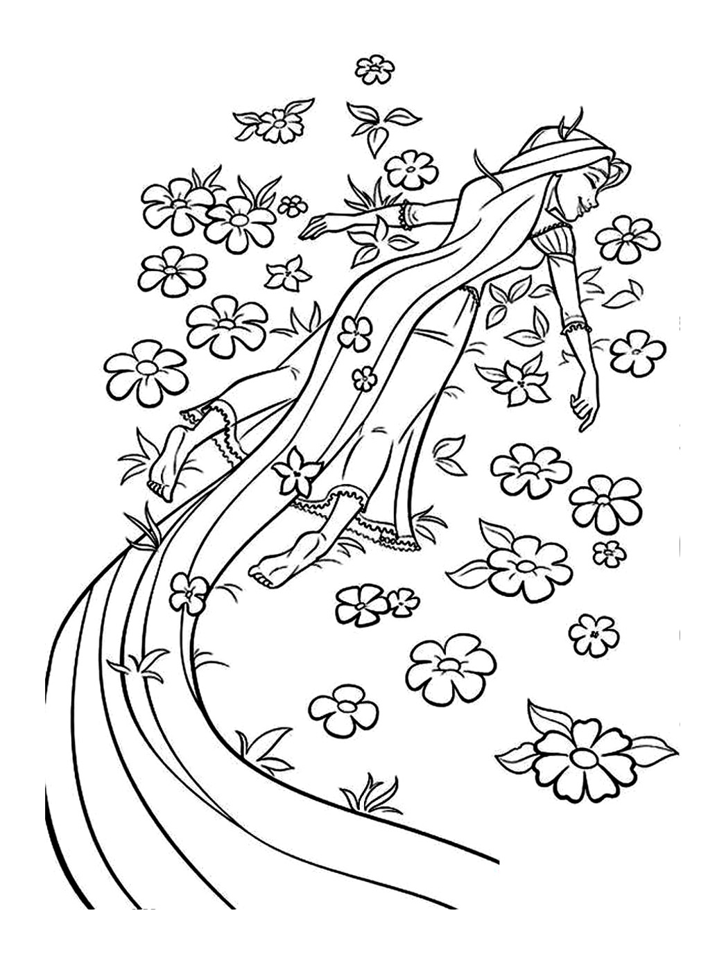 Tangled coloring page to print and color for free : Rapunzel and flowers