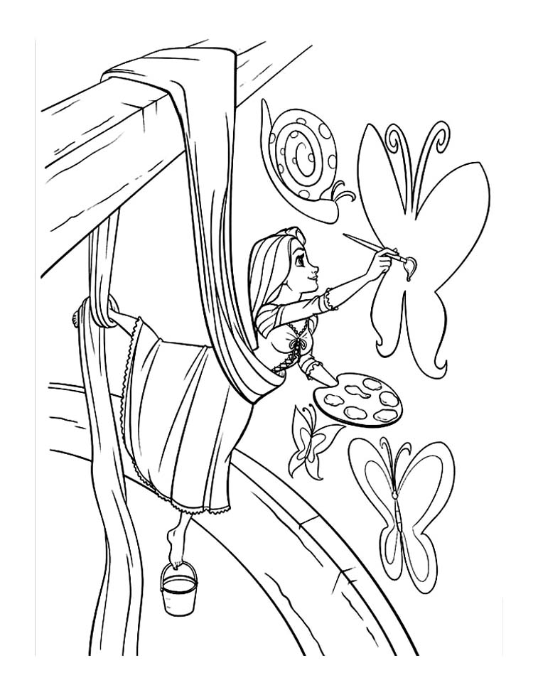 Funny free Tangled coloring page to print and color : Rapunzel painting