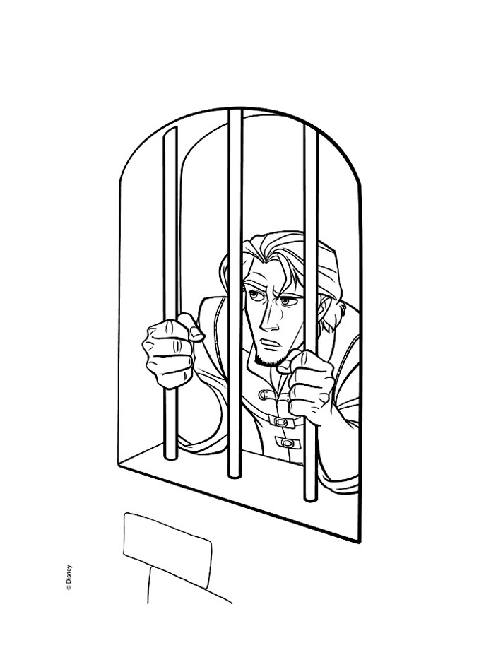 Tangled coloring page to print and color : Flynn Rider in jail !