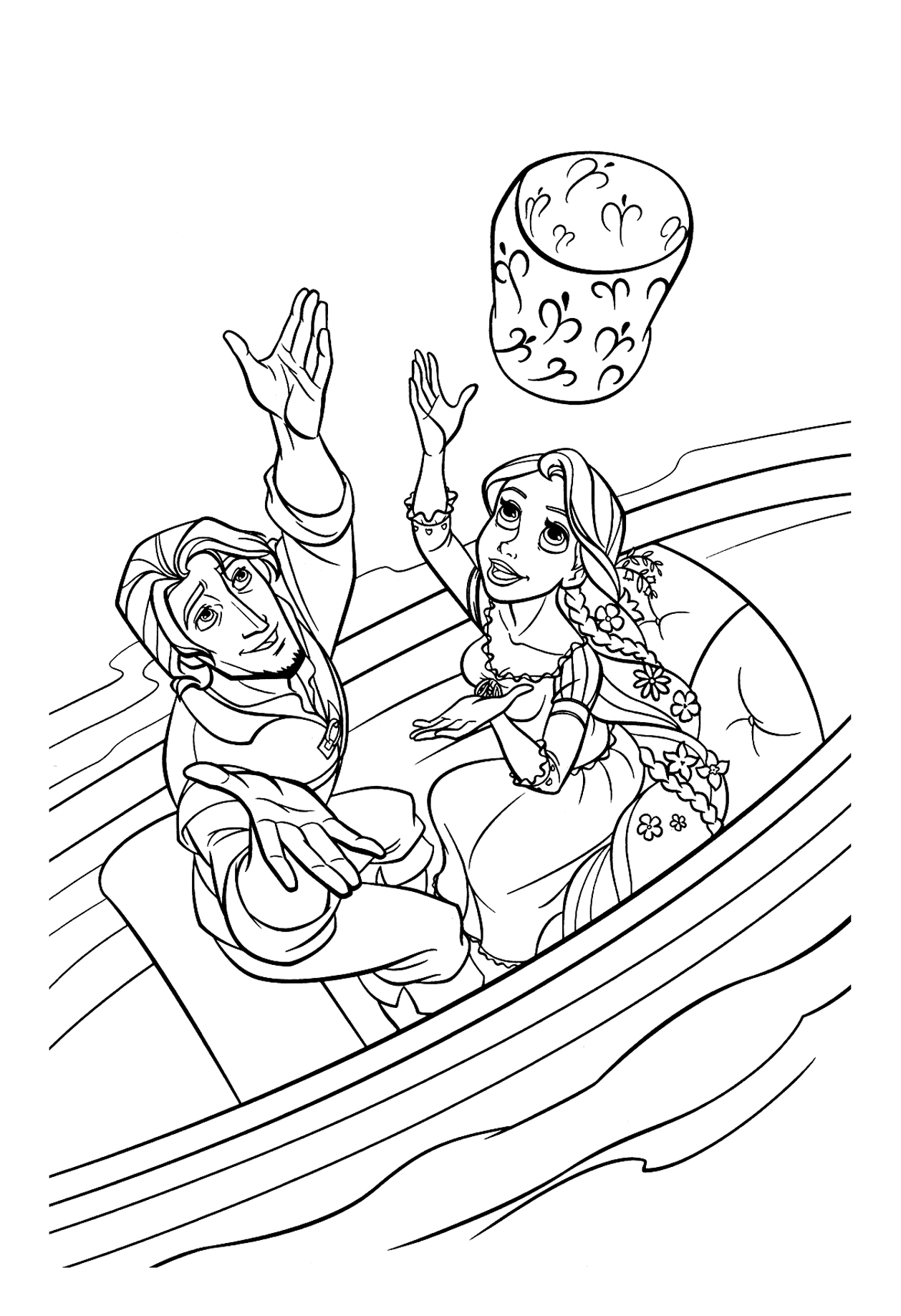 Free Tangled coloring page to print and color : Rapunzel with Flynn Rider in a boat