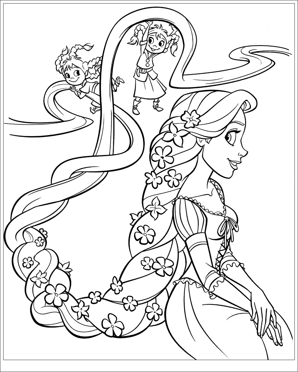 Tangled coloring page to download : Rapunzel with flowers in her hair