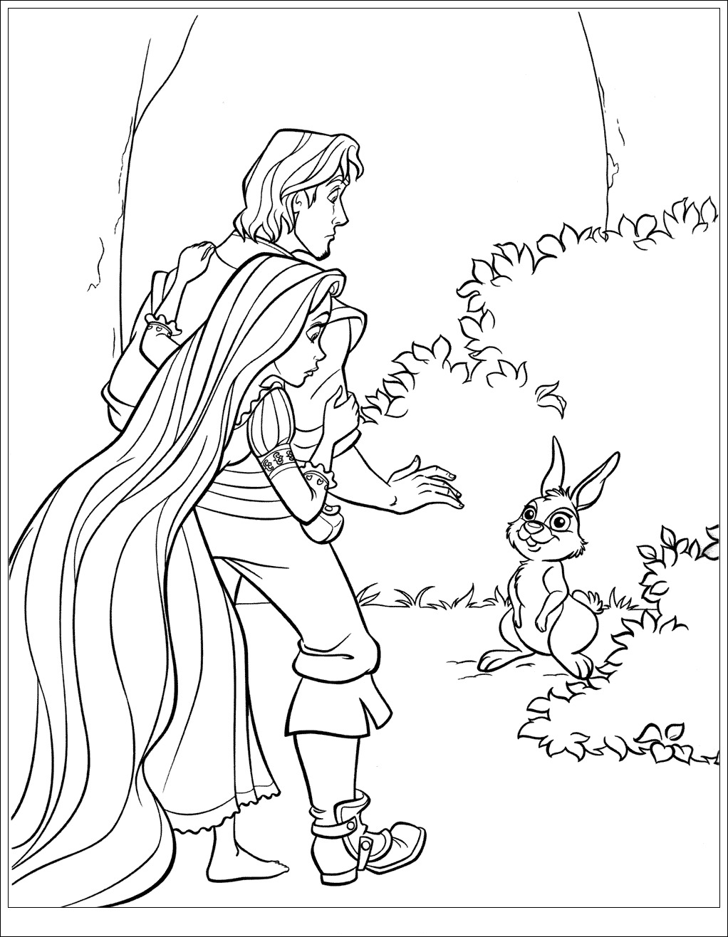 Free Tangled coloring page to print and color, for kids : Flynn Rider and a little rabbit
