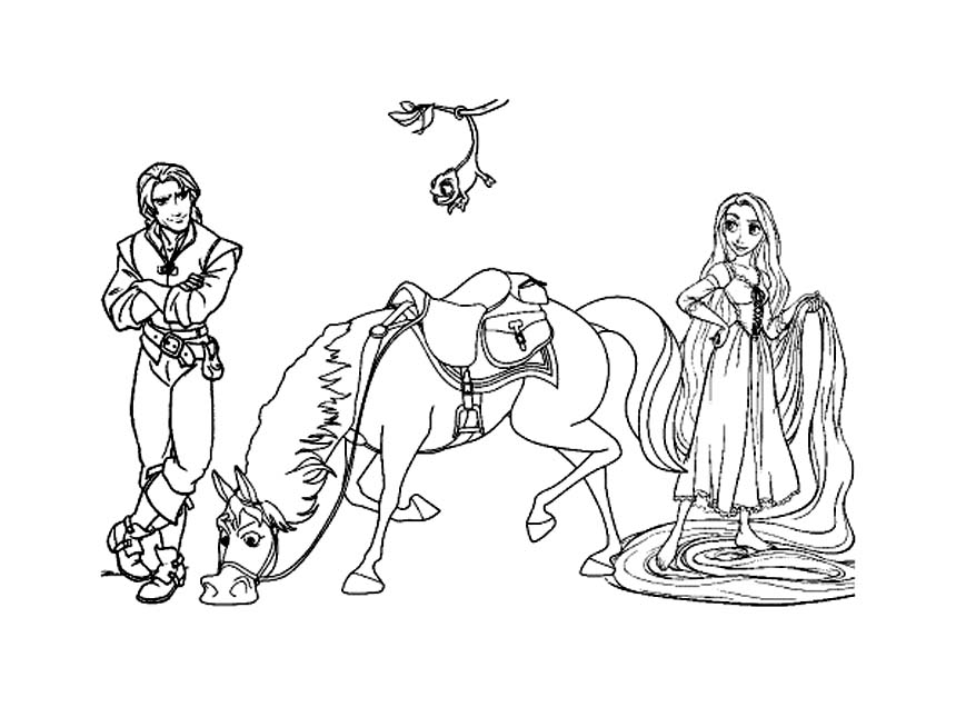 Free Tangled coloring page to download : Flynn Rider with his horse and Rapunzel (Tangled)