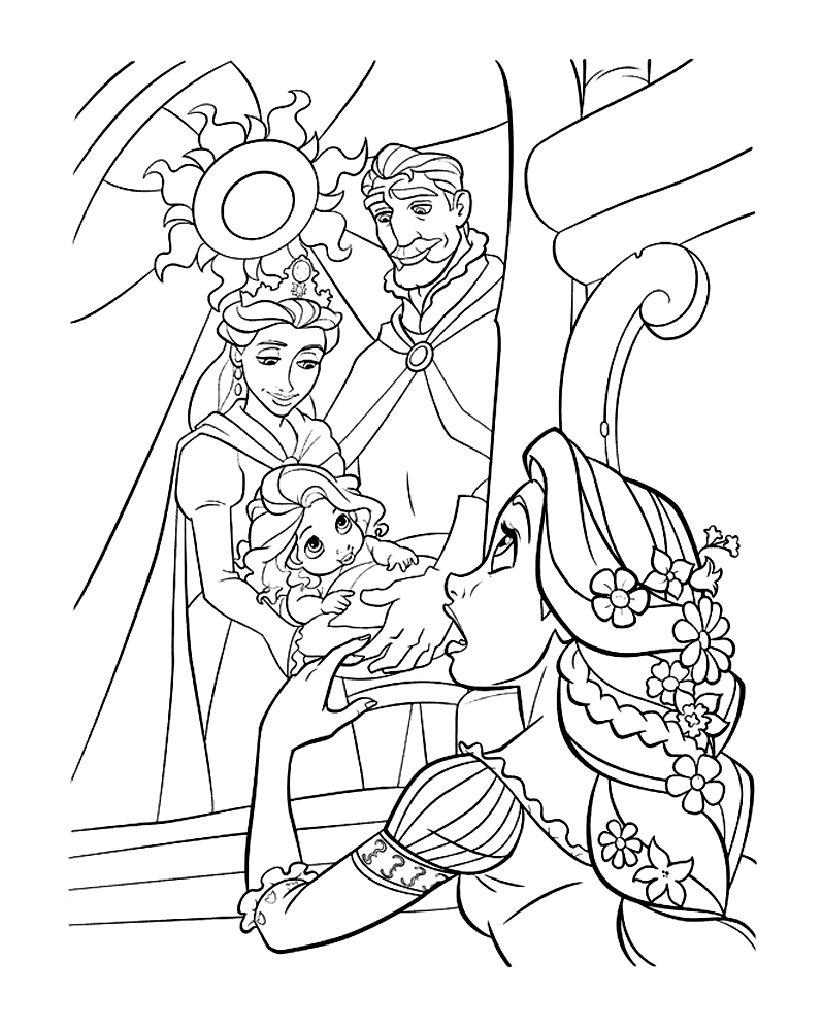 Simple Tangled coloring page for kids : Rapunzel and her parents