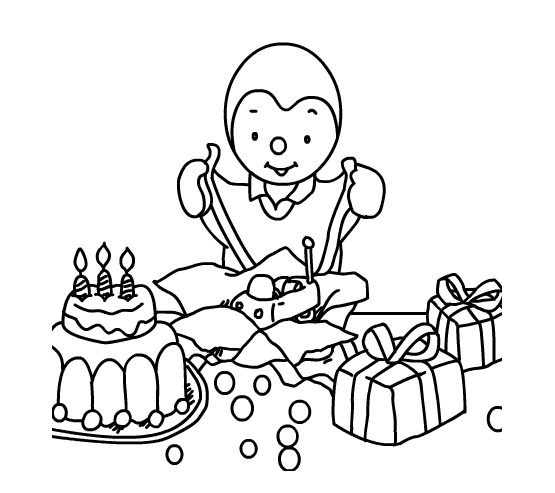 It's T'choupi's birthday! Before eating the cake and blowing out his candles, he unwraps his many gifts