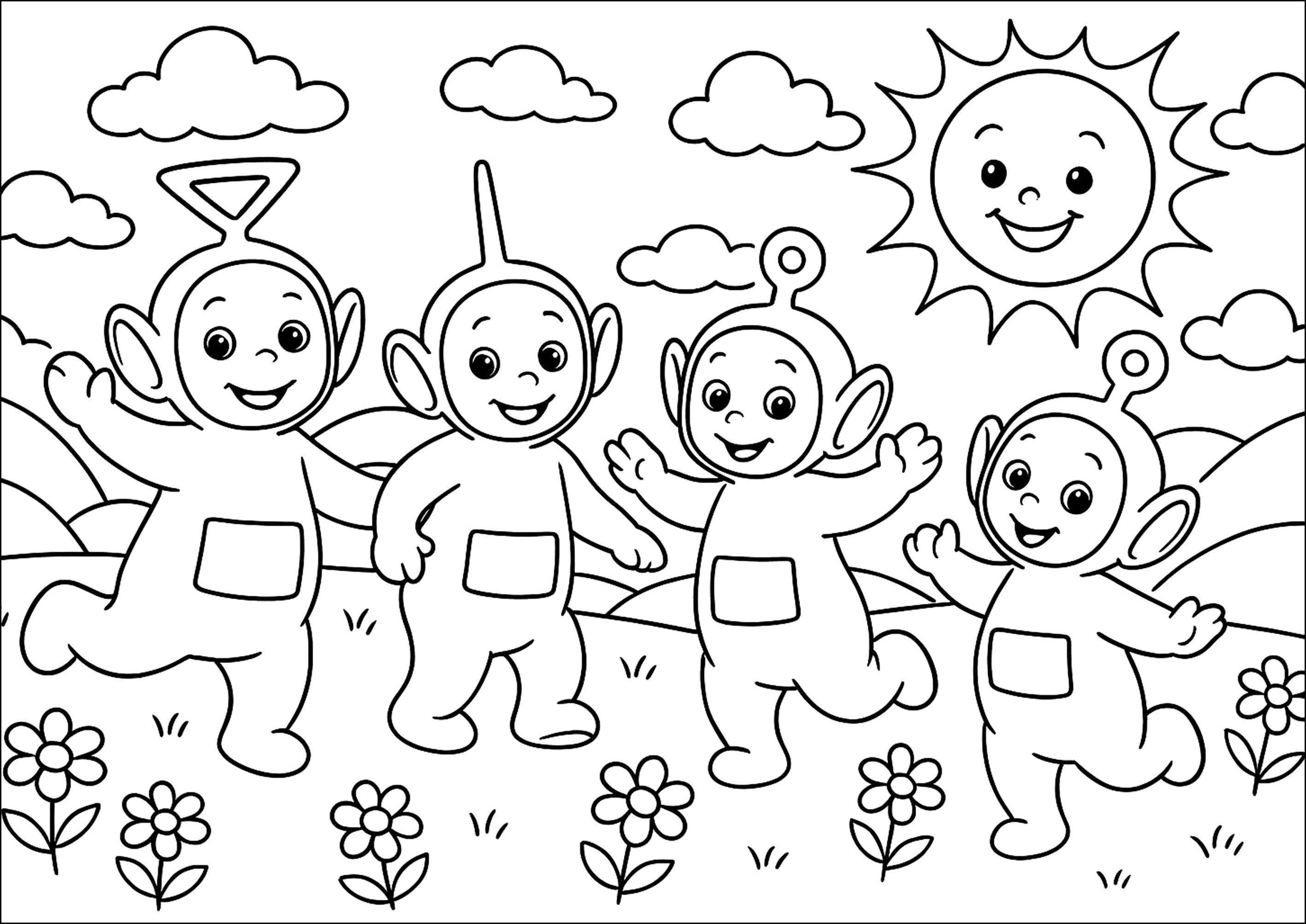 Teletubbies at play (Printable Coloring Page for Kids)