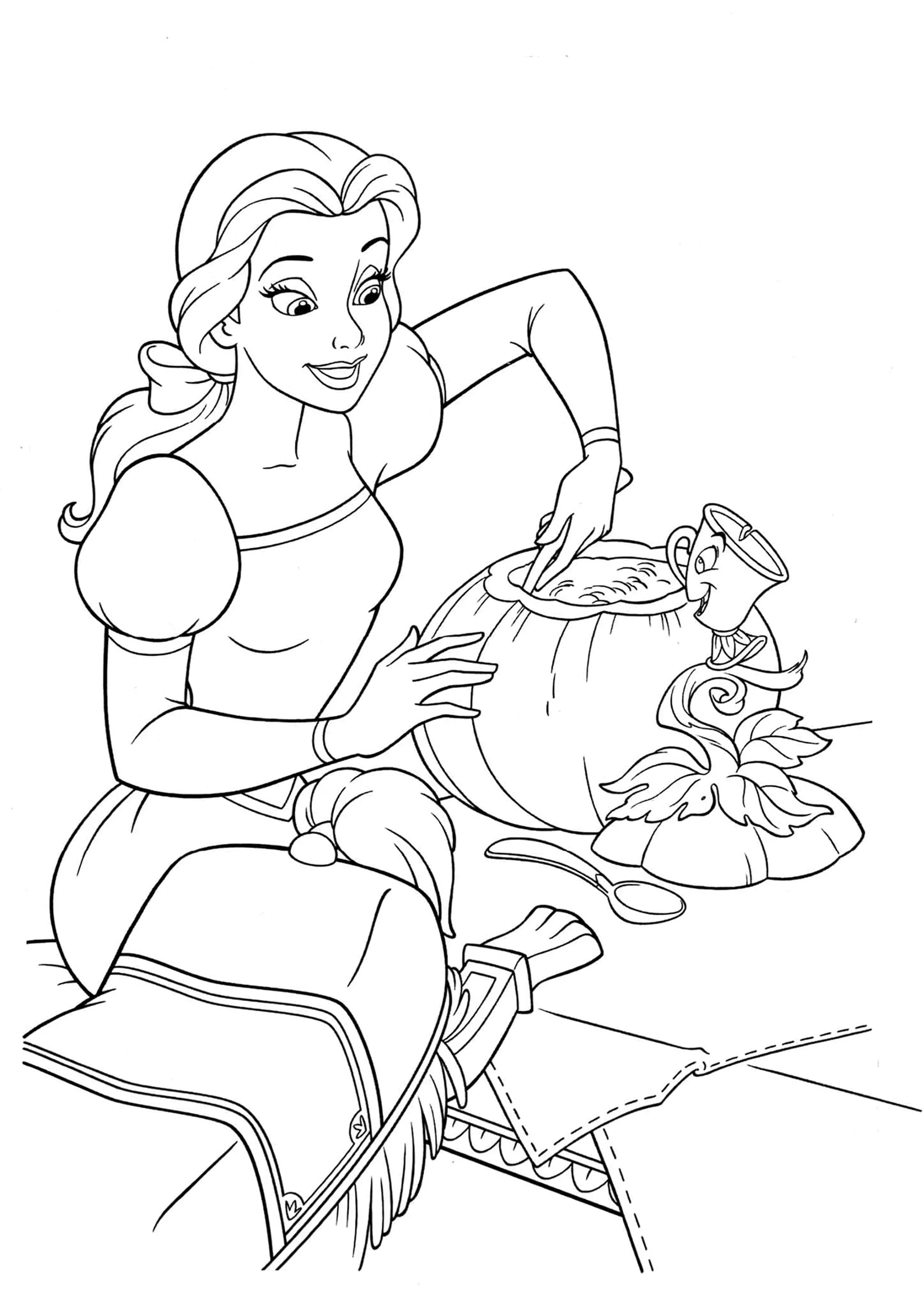 Belle cooks a pumpkin for Halloween (Printable The Beauty And The Beast Coloring Page for Kids)
