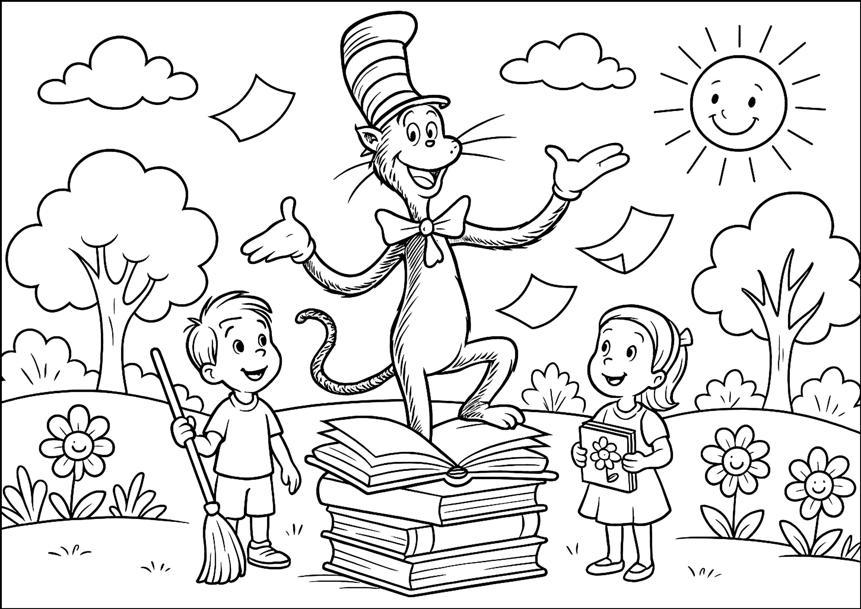 Reading (Printable The Cat in the Hat Coloring Page for Kids)