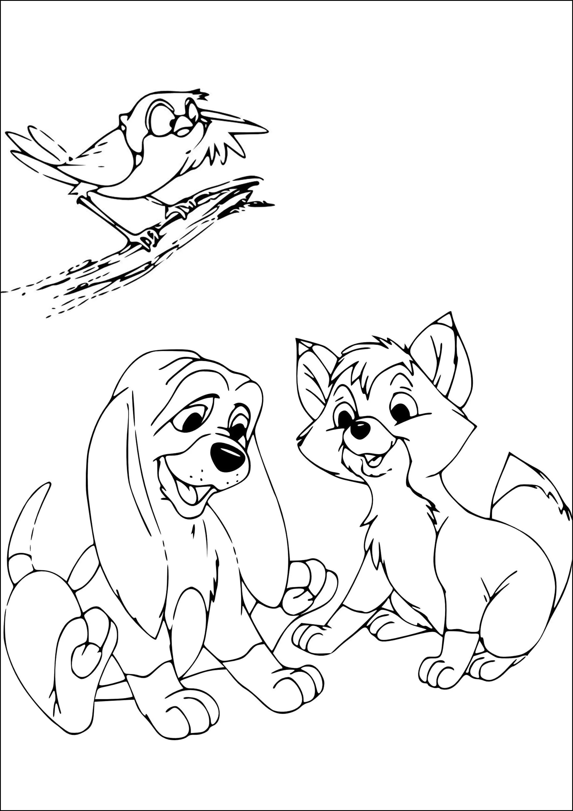 Tod and Copper and the Big Mama owl (Printable The Fox and the Hound Coloring Page for Kids)