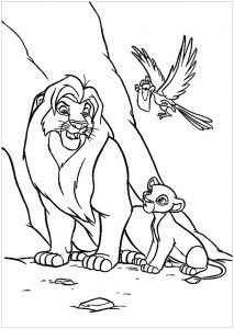 Lion King coloring page with Mufasa, Simba and Zazu