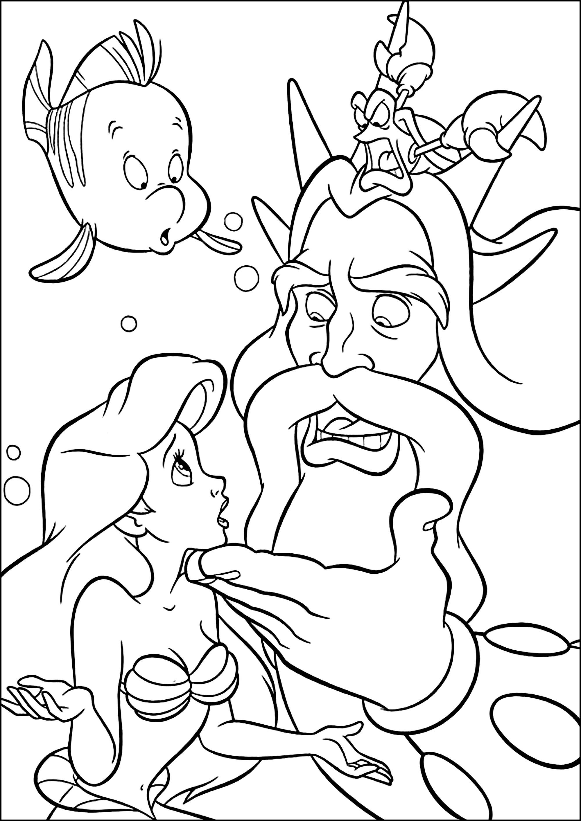 Coloring page of Ariel with her father The Triton King