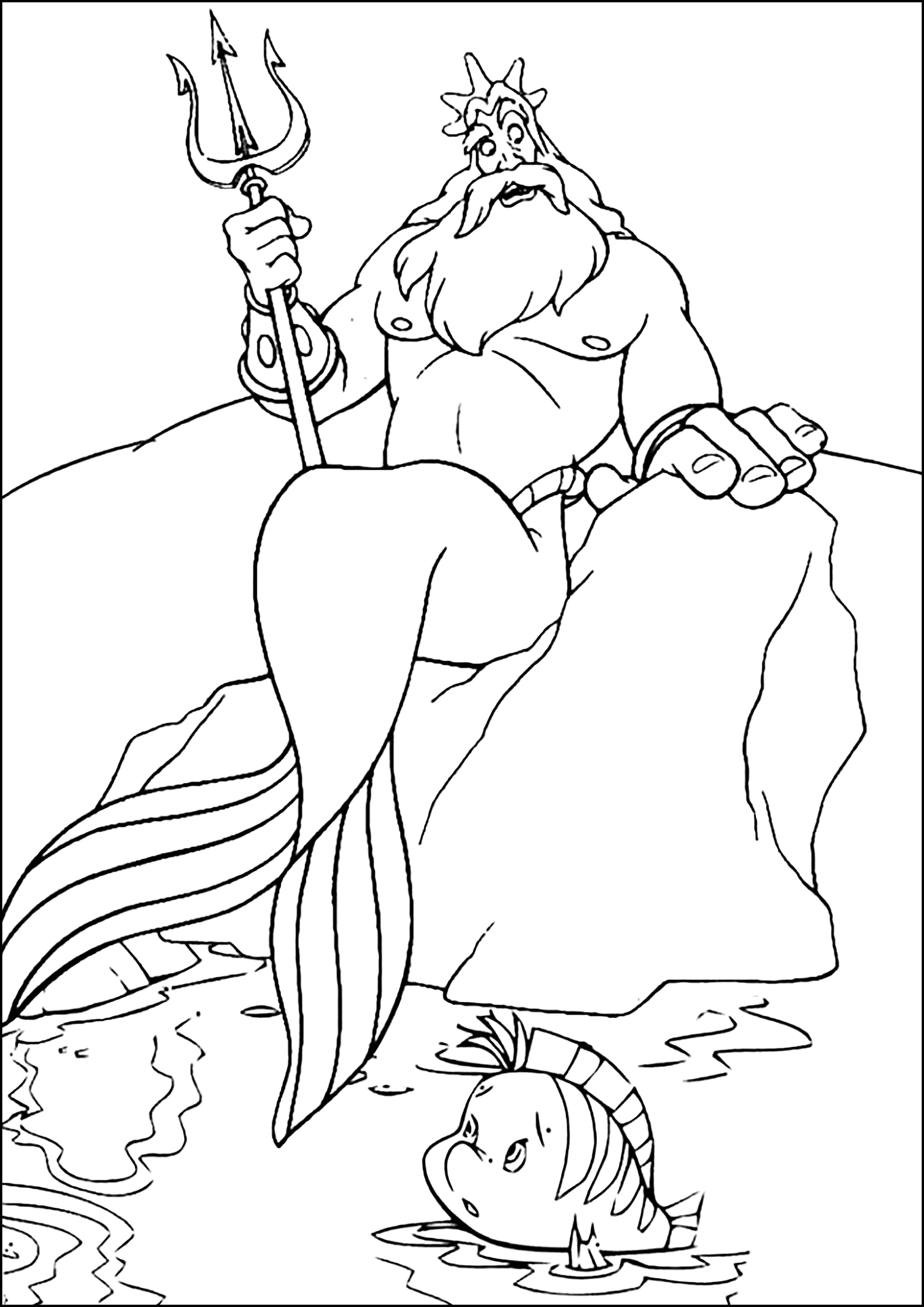 King Triton on the surface with Flounder (Printable The Little Mermaid Coloring Page for Kids)