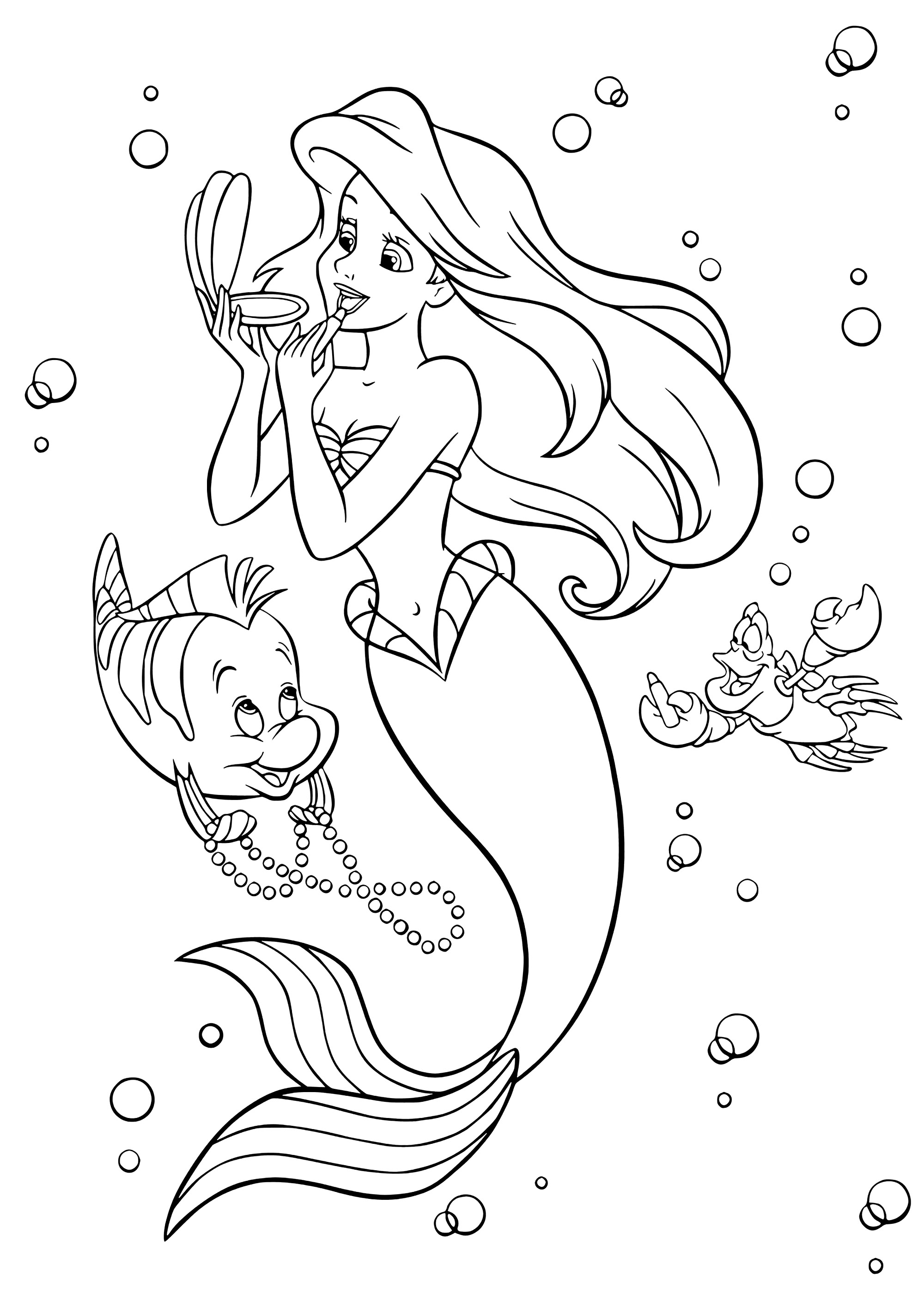Ariel with friends, putting on make-up for Eric. Color in Ariel, as well as Polochon the fish and Sebastian the lobster.
