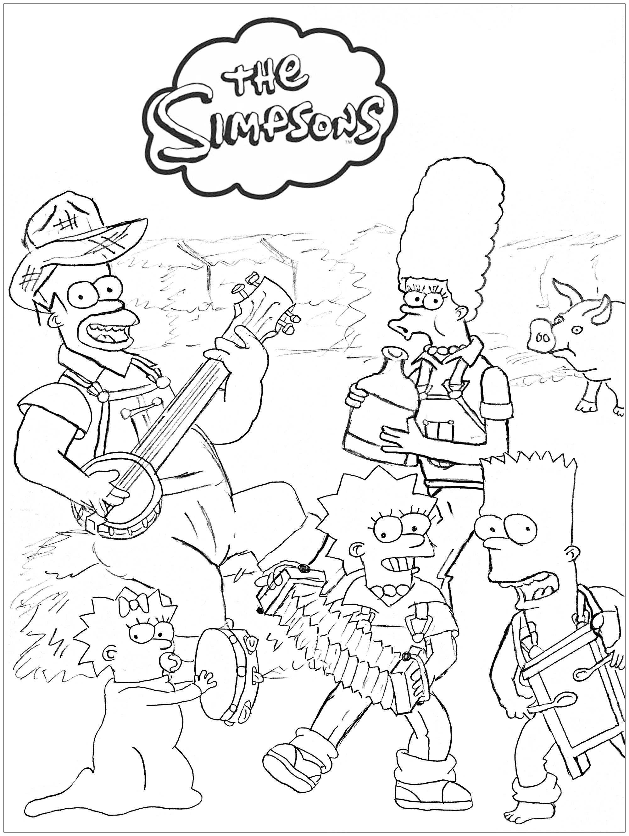 The Simpsons at the farm : an original drawing created by Romain