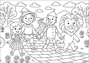 The Wizard of Oz - Dorothy and friends on the Yellow Brick Road (Coloring Page)
