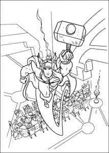 Printable Coloring Page for Kids : Thor in full flight thanks to Mjöllnir