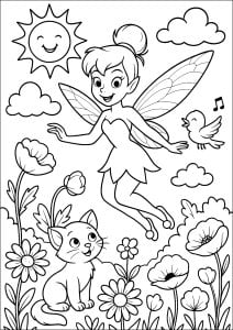 Merry Fairy in an Enchanted Garden (Tinker Bell Coloring Page)