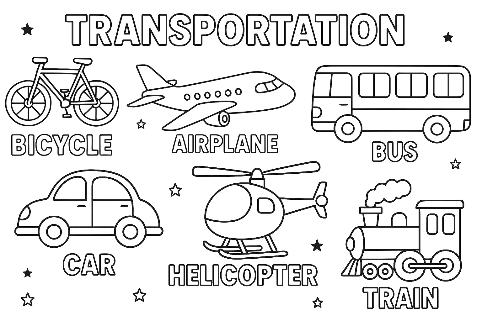 6 means of transport (Printable Coloring Page for Kids)