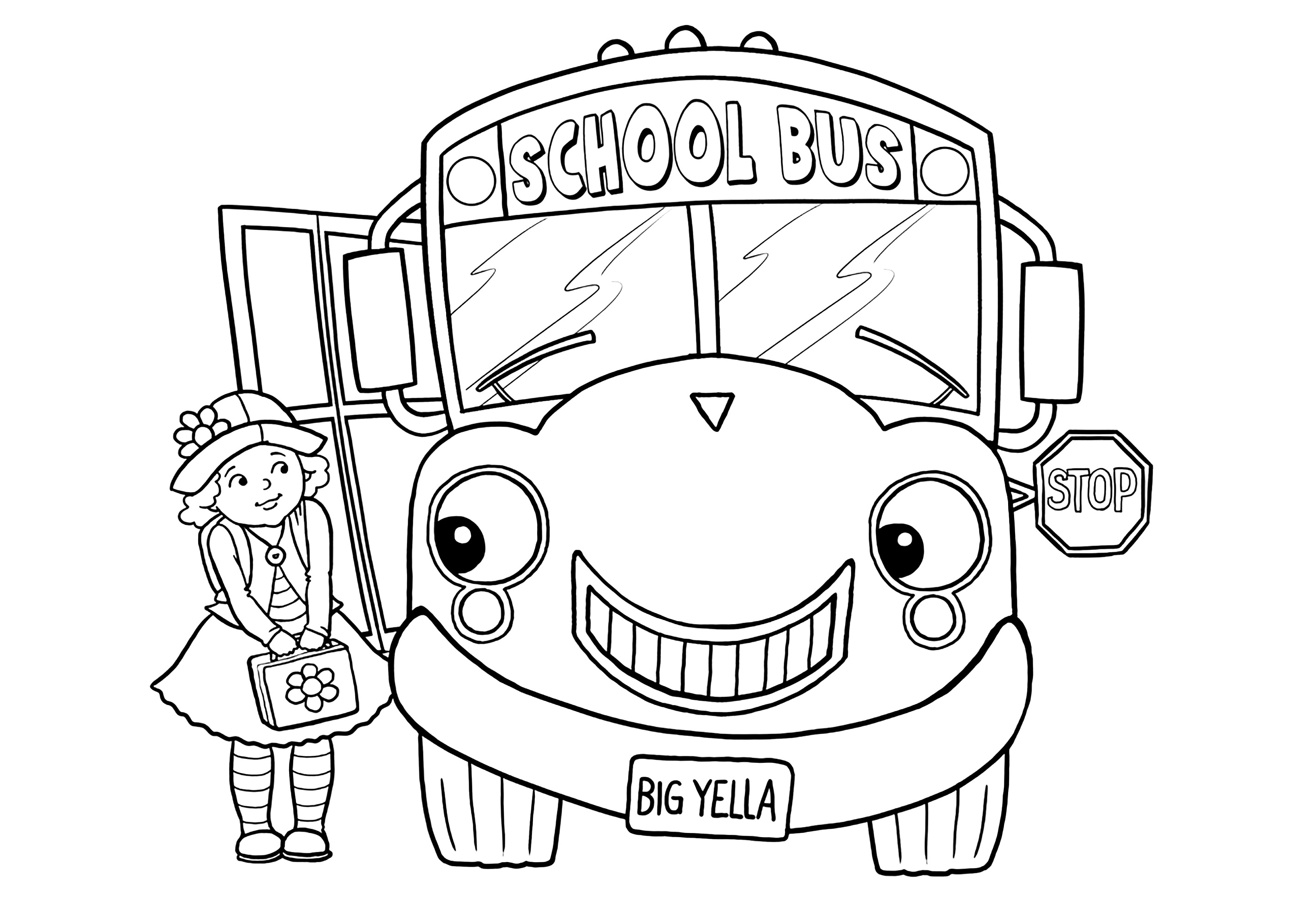 A pretty school bus and a little schoolgirl
